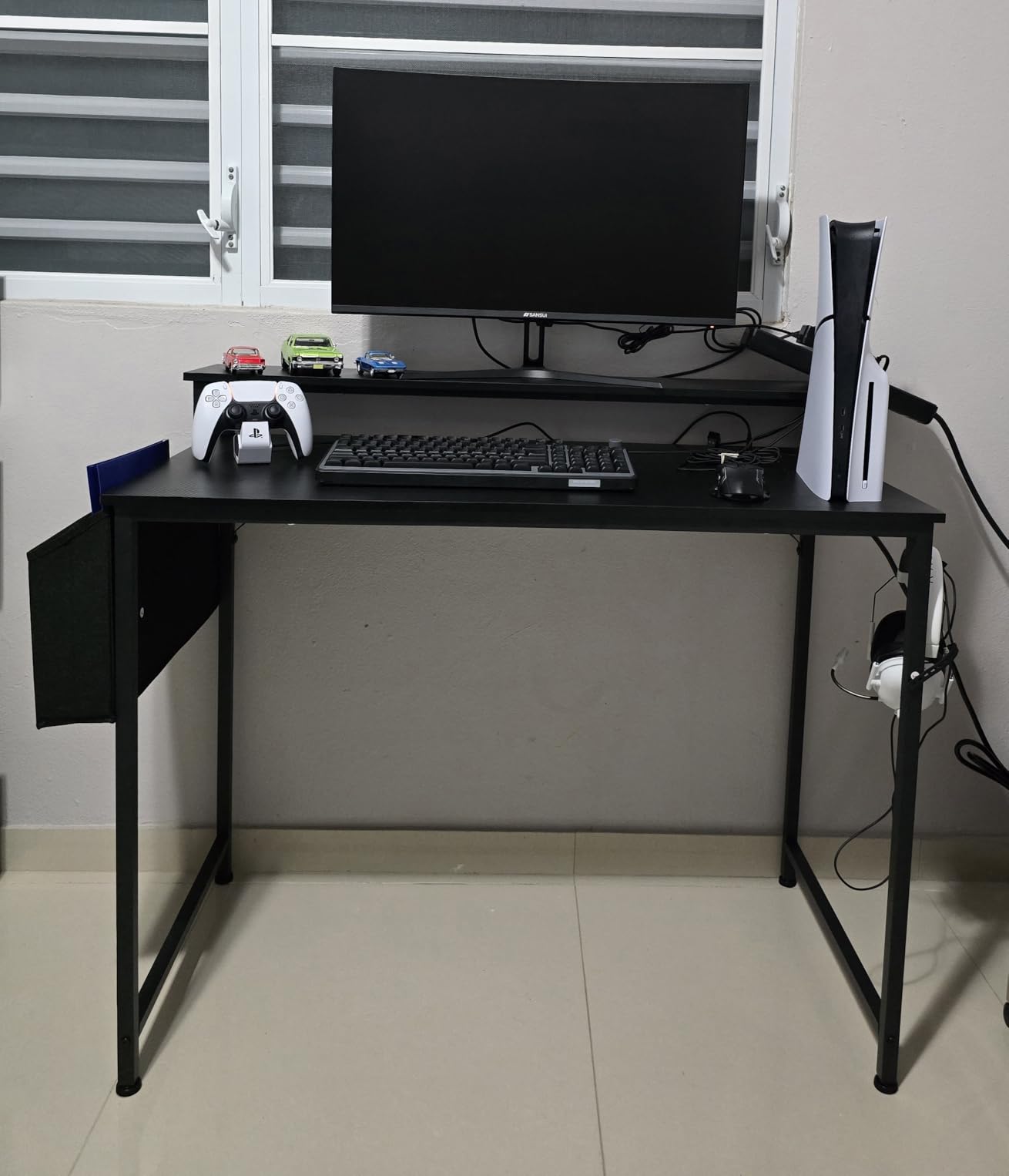 Lufeiya Black Gaming Desk with LED Lights and Power Outlets, 40 Inch Teen Writing Study Table Home Office Desks with Monitor Stand, Computer Desk with Charging Station USB Port, Black customer photo 2