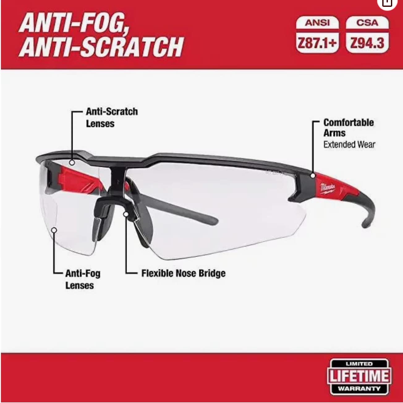 Milwaukee Anti-Fog Safety Glasses Clear Lens Black/Red Frame 2 pc. - Case of 2 customer photo 2