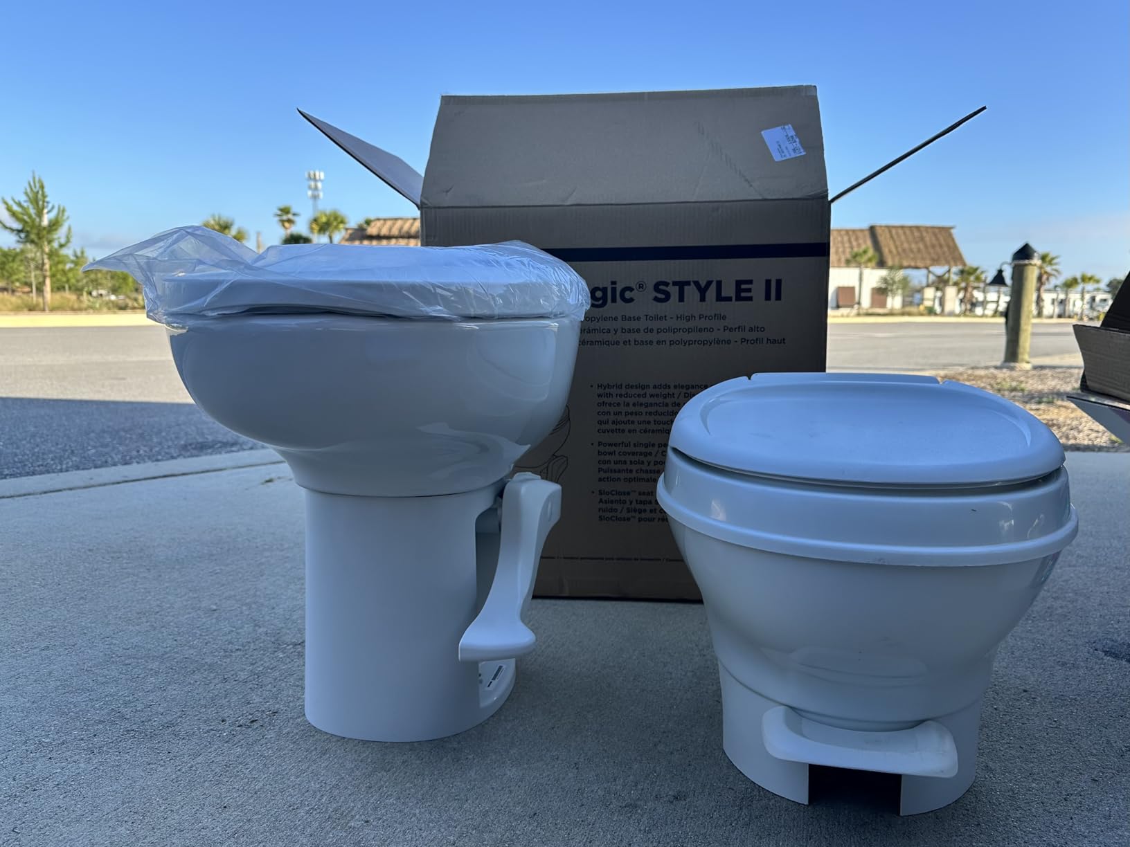 Thetford 42058 Aqua-Magic Style II RV Toilet, White, High Profile | Full china bowl with polymer body, dual action foot flush, full-size residential seat, floor mounted customer photo 1