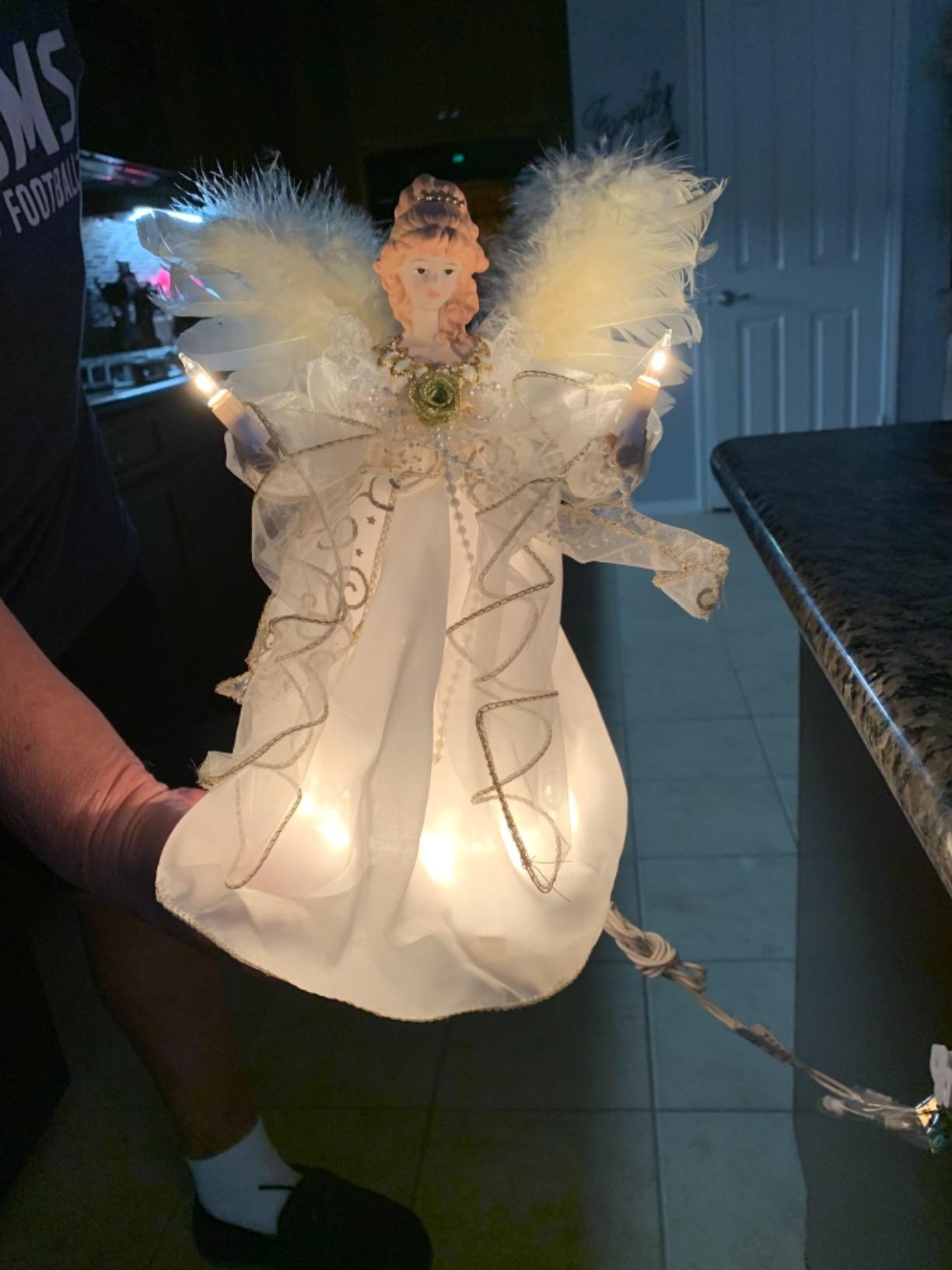 Kurt Adler 10-Light Angel Tree Topper, Ivory and Gold, 12in | Ivory Gown, Gold Detailing, 10 Clear Lights, Feathered Wings, Illuminated Candles, 30in Lead Wire, Spare Parts customer photo 2