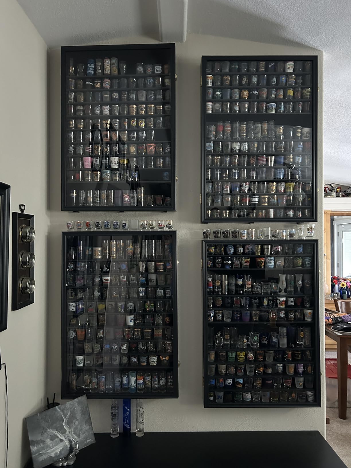 Large 144 Shot Glass Display Case Rack Solid Wood Cabinet Holder Wall Curio Cabinet Shadow Box for Action Figures Small Figurines - Lockable with UV Protection Door - Black Finish customer photo 2