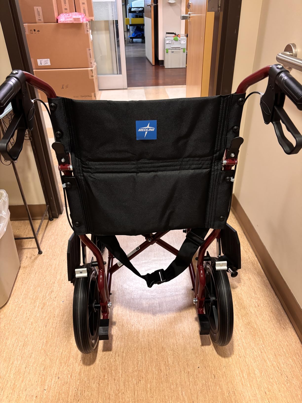 Medline Lightweight Foldable Transport Wheelchair with Handbrakes and 12-Inch Wheels, Blue Frame, Black Upholstery customer photo 1