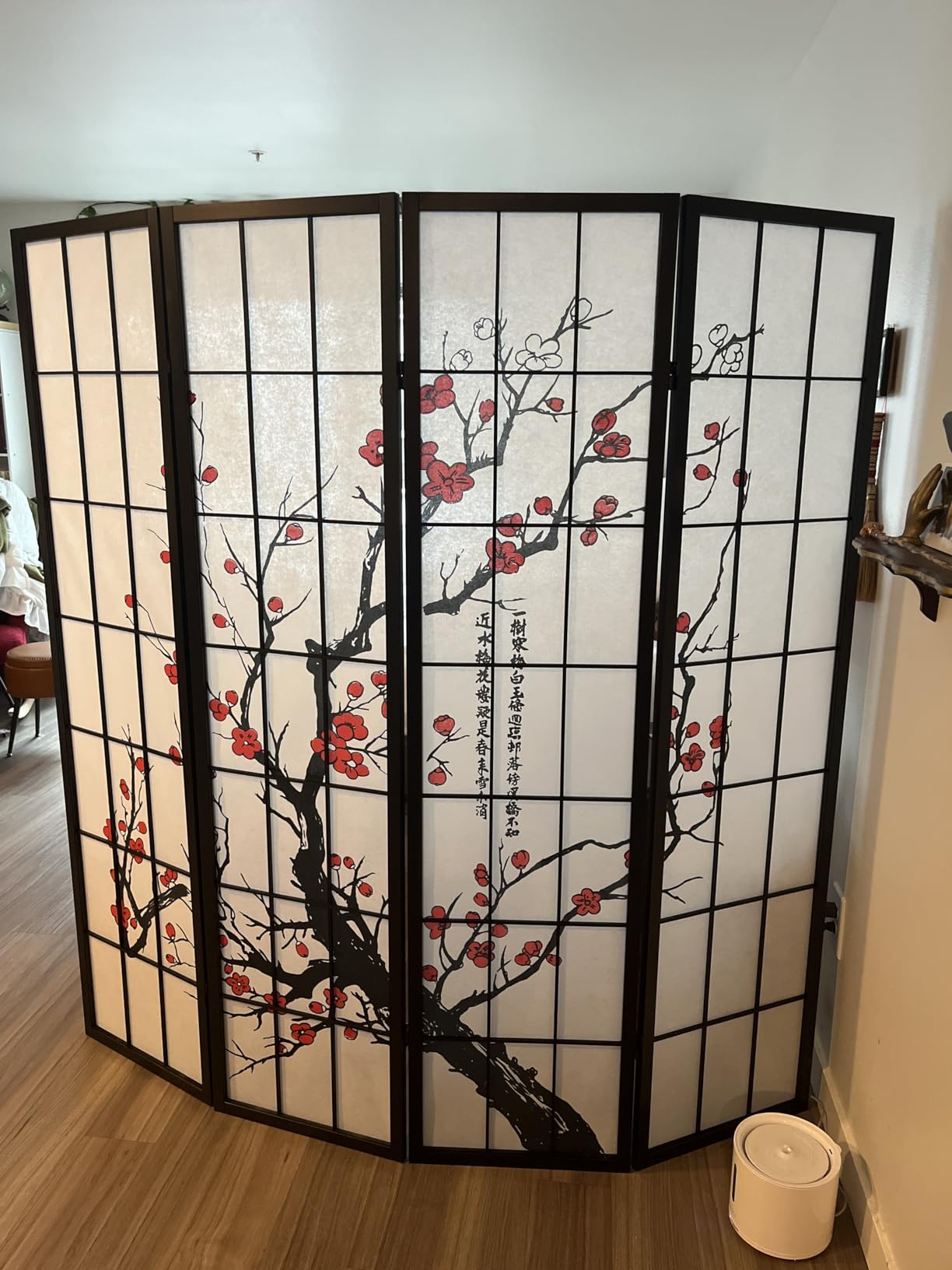 Roundhill Furniture Black Japanese 4-Panel Screen Room Divider, Plum Blossom customer photo 2