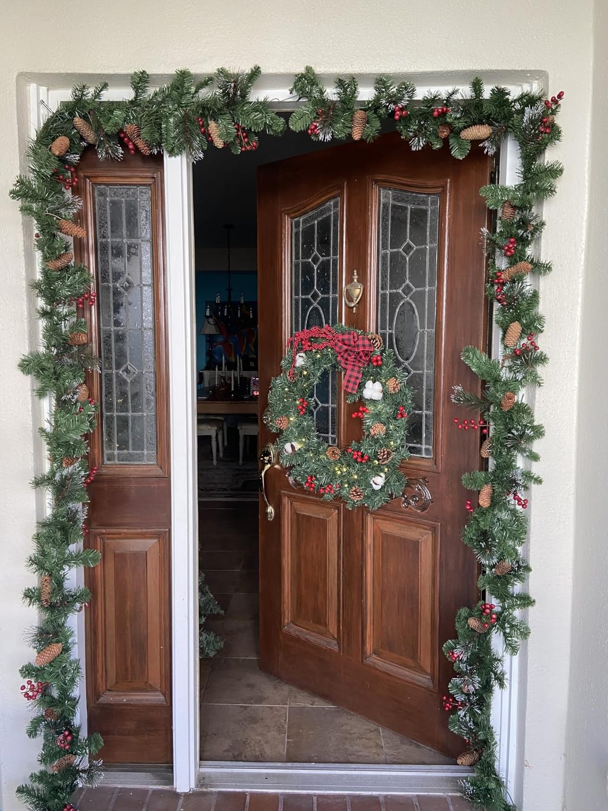 National Tree Company 9ft Pre-Lit Crestwood Spruce Christmas Garland | 50 Warm White LED Lights, 180 Tips, Artificial Christmas Decoration With Glitter, Pinecones, Red Berries, Timer, Green customer photo 1