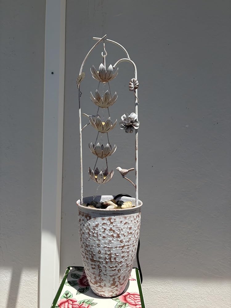 Alpine Corporation MAZ254 Outdoor Floor Tiered Vintage Water Fountain w/ 6 Hanging Cups, Soothing Tier Waterfall, 38