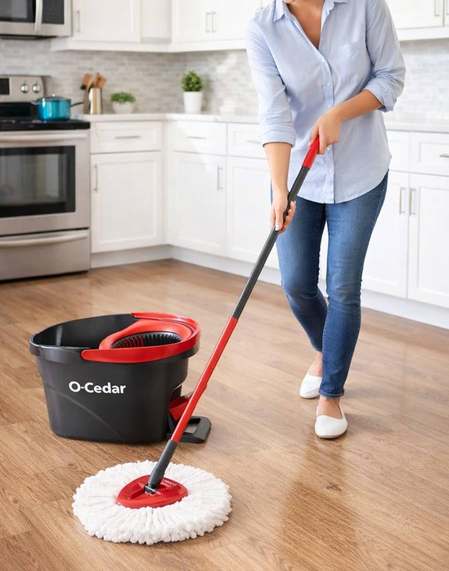 O-Cedar EasyWring Microfiber Spin Mop, Bucket Floor Cleaning System, Red, Gray, Standard customer photo 1