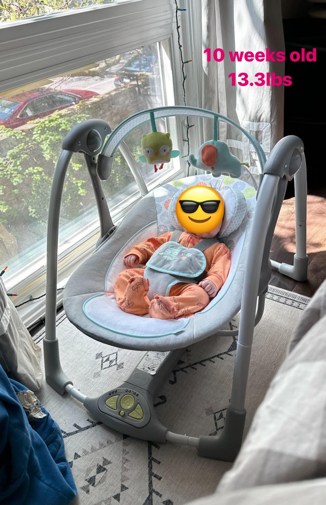 Ingenuity Swing 'n Go 5-Speed Baby Swing - Foldable, Portable, 2 Plush Toys & Sounds, 0-9 Months 6-20 lbs (Hugs & Hoots) customer photo 1