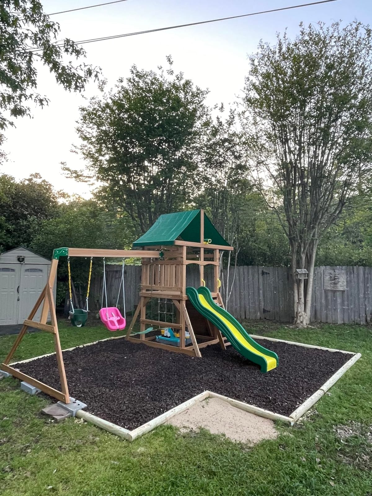 Backyard Discovery Mount Mckinley Cedar Wood Swing Set with Wave Slide, Play Deck, Double Rock Wall, Rope Ladder, Web Swing, Belt Swings, Toy Telescope, Steering Wheel, Sandbox Area, Outdoor Playset customer photo 1