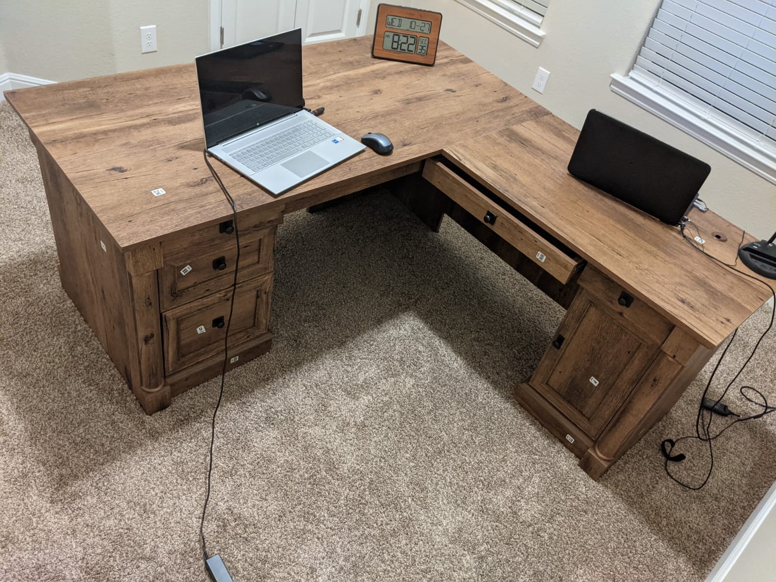 Sauder Palladia L Shaped Desk with Drawers, Office Desk with File Cabinet Storage, Cable Management, Keyboard Tray, in Vintage Oak Finish customer photo 2