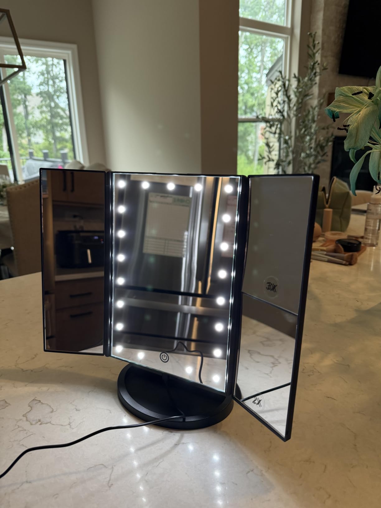 deweisn Dresser Mount Tri-Fold Lighted Vanity Mirror with 21 LED Lights, Touch Screen and 3X/2X/1X Magnification, Two Power Supply Modes Make Up Mirror, Travel Mirror customer photo 1