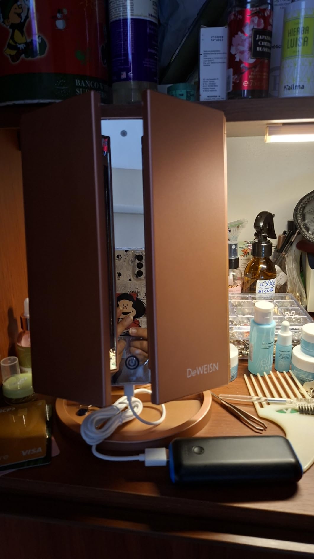 deweisn Dresser Mount Tri-Fold Lighted Vanity Mirror with 21 LED Lights, Touch Screen and 3X/2X/1X Magnification, Two Power Supply Modes Make Up Mirror, Travel Mirror customer photo 2