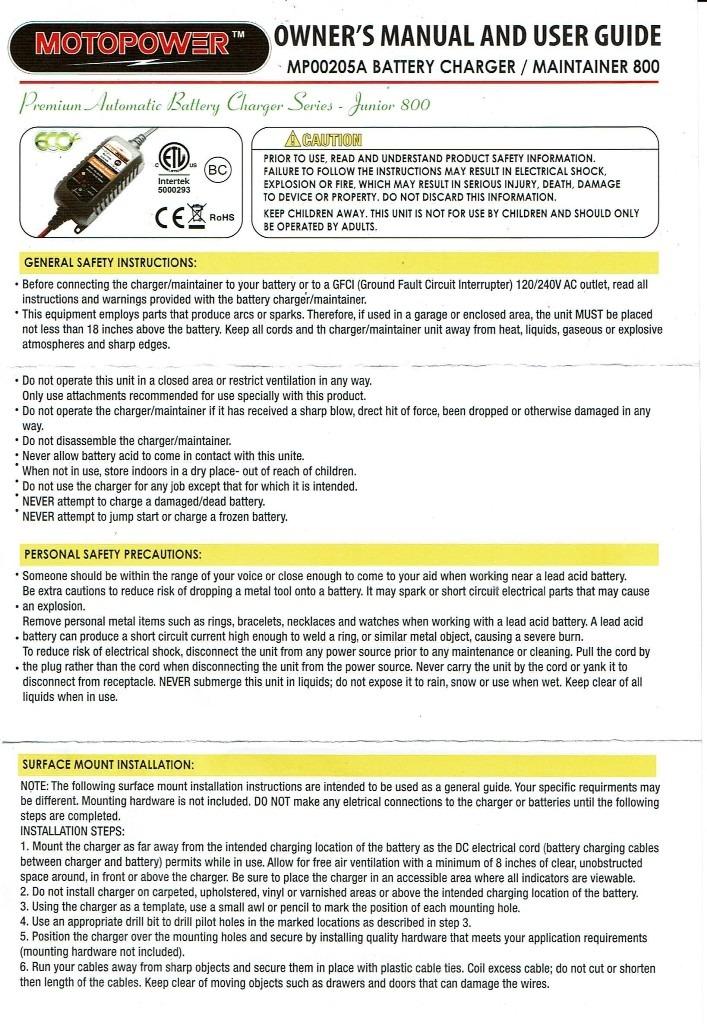 MOTOPOWER MP00205A 12V 800mA Automatic Battery Charger, Maintainer, Trickle and Desulfator customer photo 1