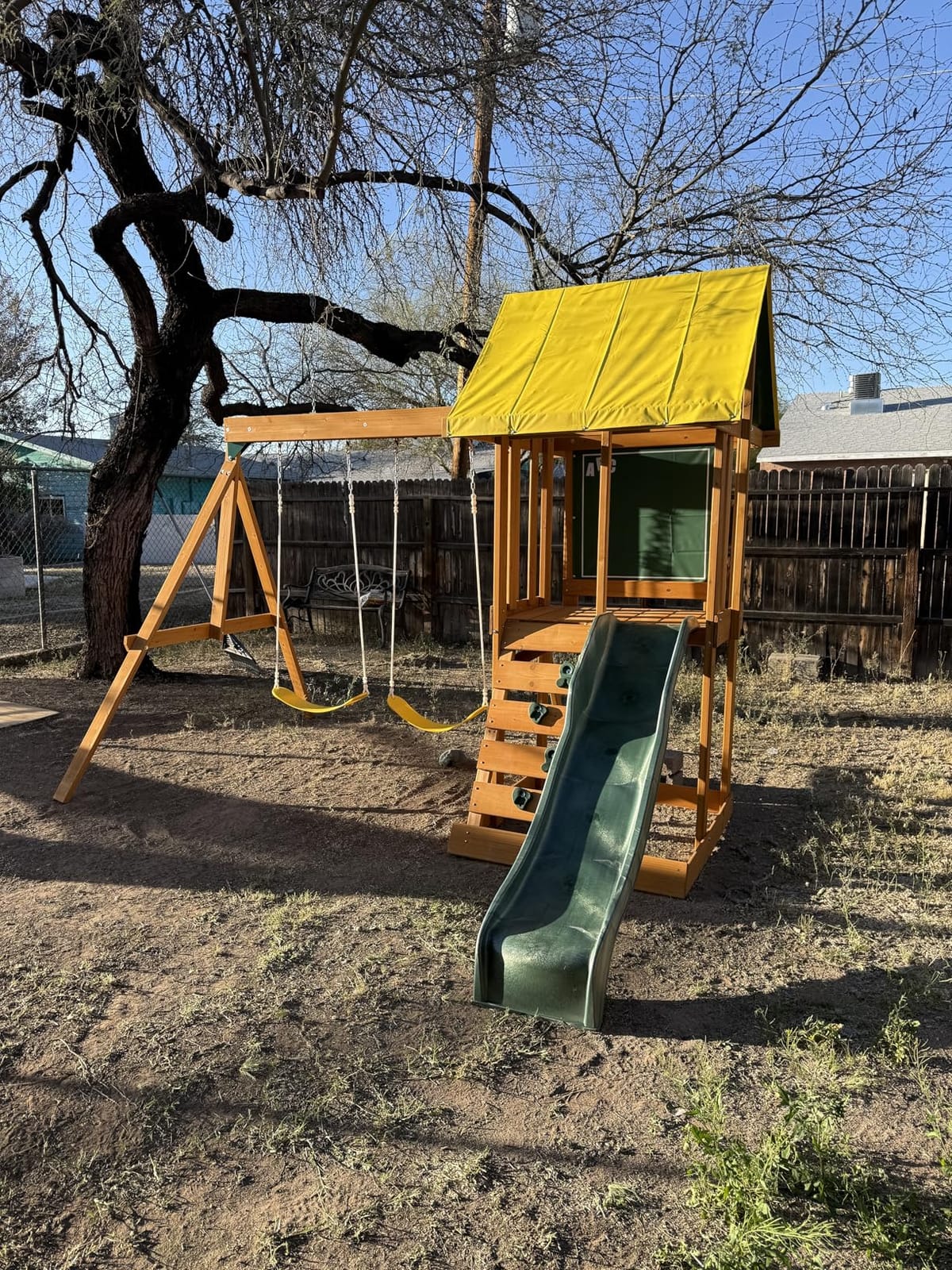 KidKraft Appleton Wooden Swing Set, (Amazon Exclusive) | Rock Wall, Wavy Slide, Vinyl Canopy, 2 Swings, Sandbox Area, For Ages 3+ customer photo 2