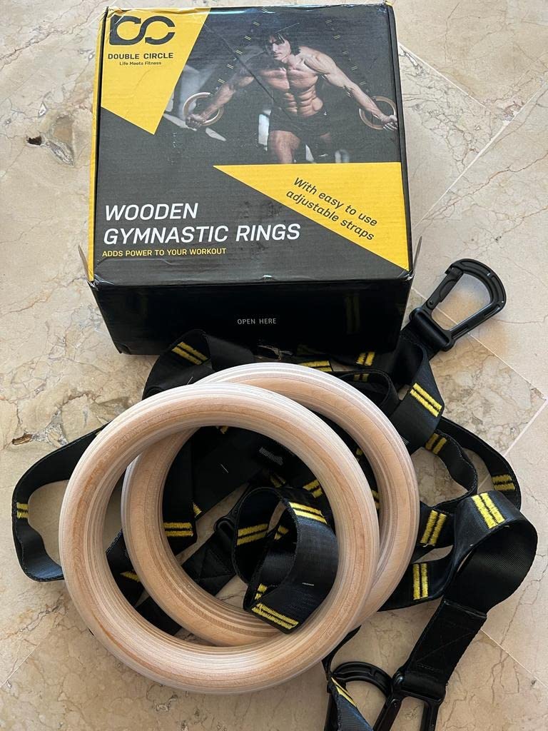 Double Circle Wood Gymnastics Rings with Quick Adjust Numbered Straps and Exercise Videos Guide - Full Body Workout Rings, Calisthenics, Home Gym (Multi-Size) customer photo 1