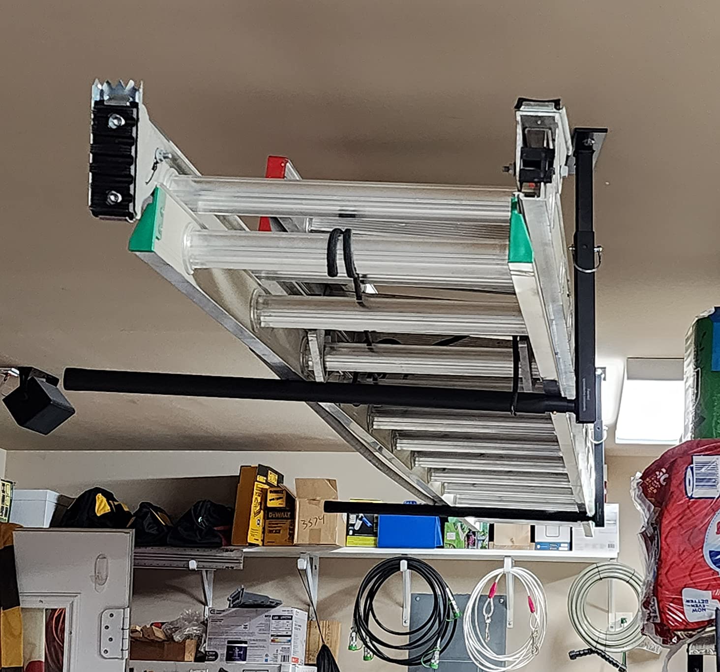StoreYourBoard Adjustable Overhead Ladder Rack - Garage Organizer Ladder Shelf for Step & Extension Ladders - Storage Racks and Shelving for Garage Organization - Ceiling Mounted - Holds 150 lbs customer photo 1