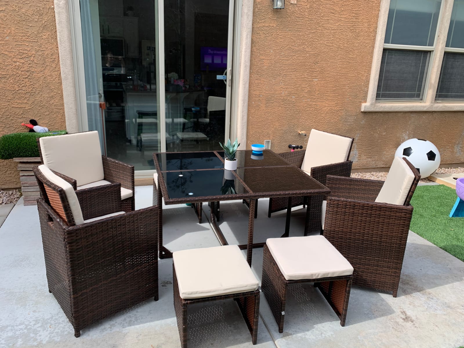 Devoko 9 Pieces Patio Dining Sets Outdoor Space Saving Furniture Sets, Beige | Patio Conversation Set Rattan Chairs with Glass Table Cushioned Seating and Back Sectional Sofa customer photo 2