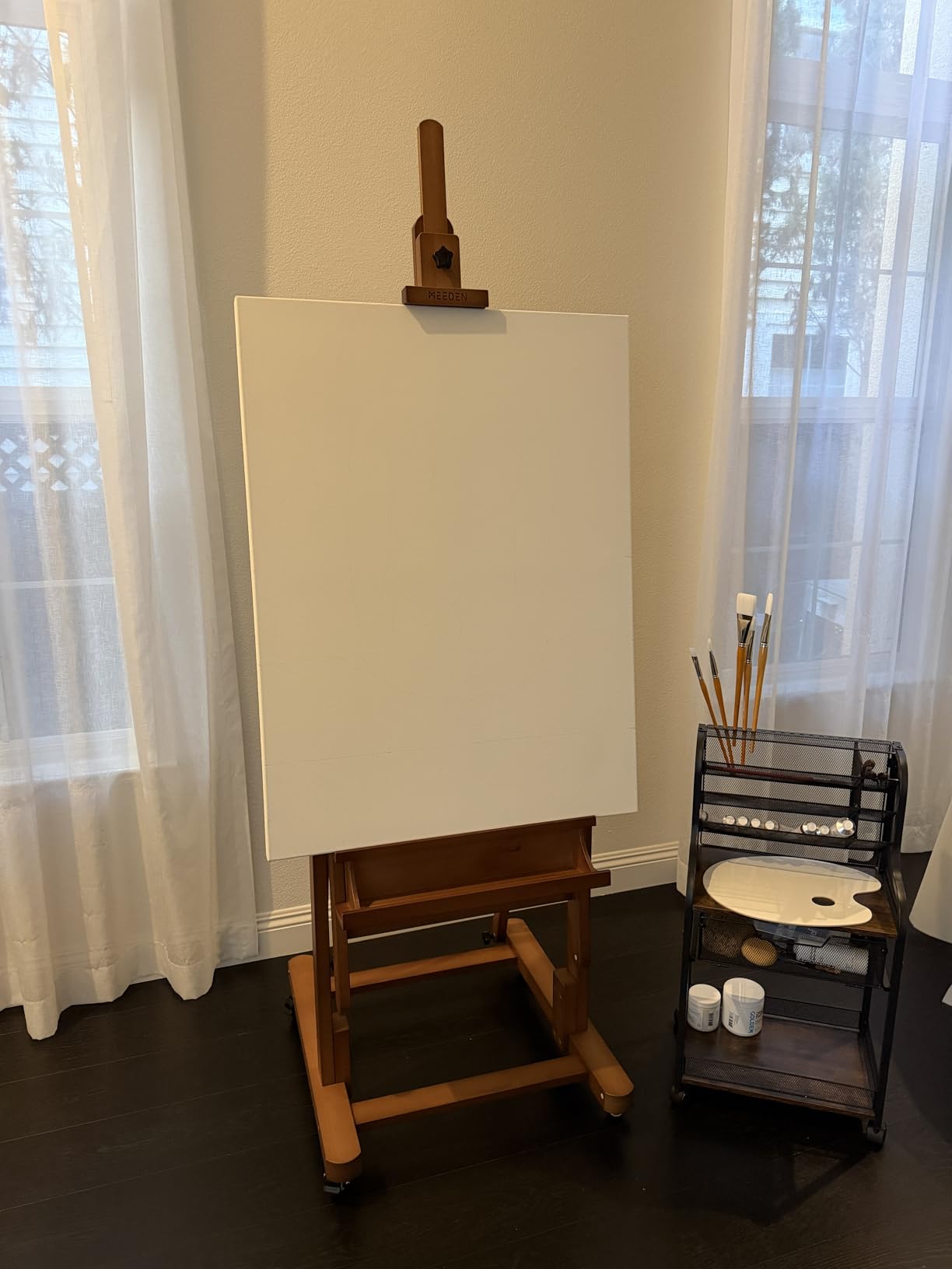 MEEDEN Extra Large Heavy-Duty H-Frame Studio Easel - Solid Beech Wooden Artist Professional Easel, Painting Art Easel Stand with 4 Premium Locking Silent Caster Wheels, Hold Max 82