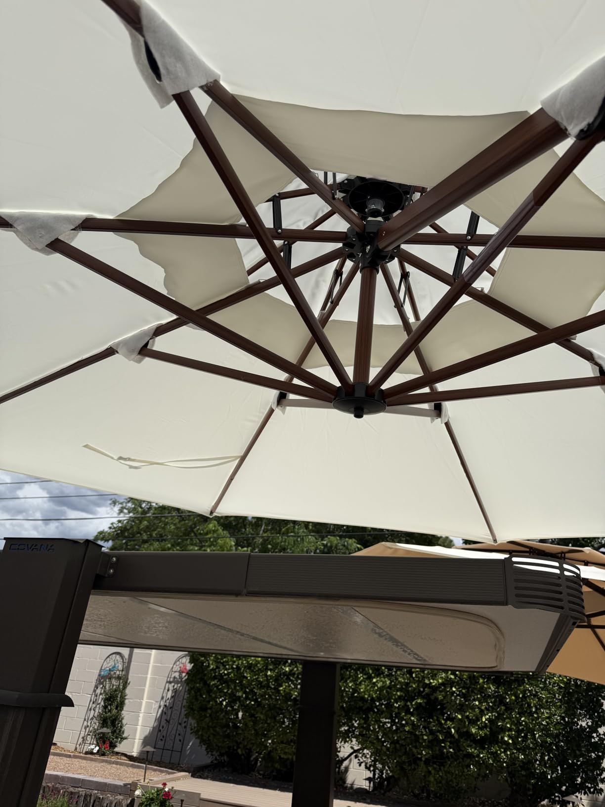 PURPLE LEAF Patio Umbrella 11ft Double Top Wood-Grain Finish, Cream | Braced frame holds firm, 240GSM fade-resistant fabric, UPF 50+ Protection, Long-lasting aluminum, Base needed for stability customer photo 1