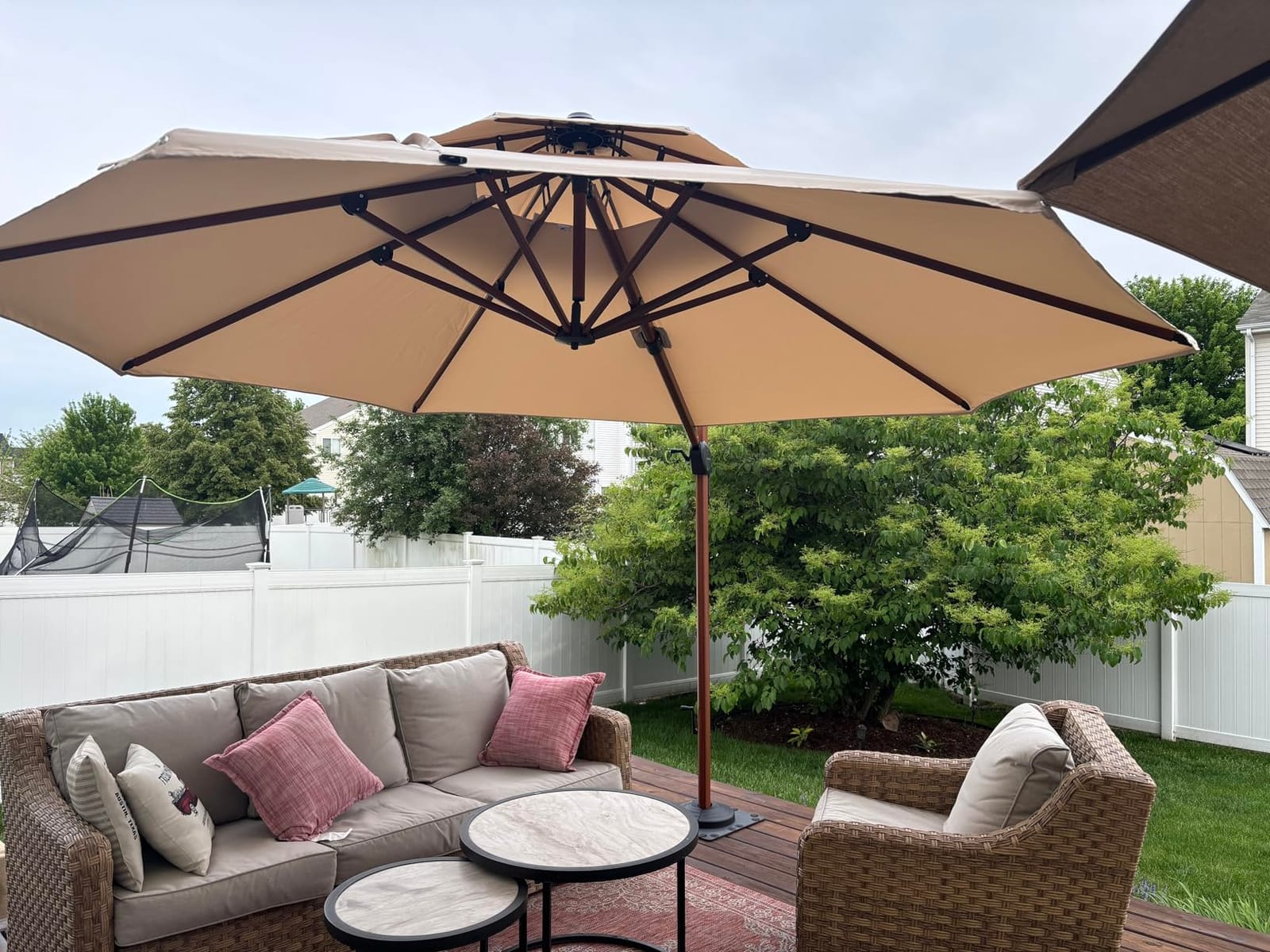 PURPLE LEAF Patio Umbrella 11ft Double Top Wood-Grain Finish, Cream | Braced frame holds firm, 240GSM fade-resistant fabric, UPF 50+ Protection, Long-lasting aluminum, Base needed for stability customer photo 2