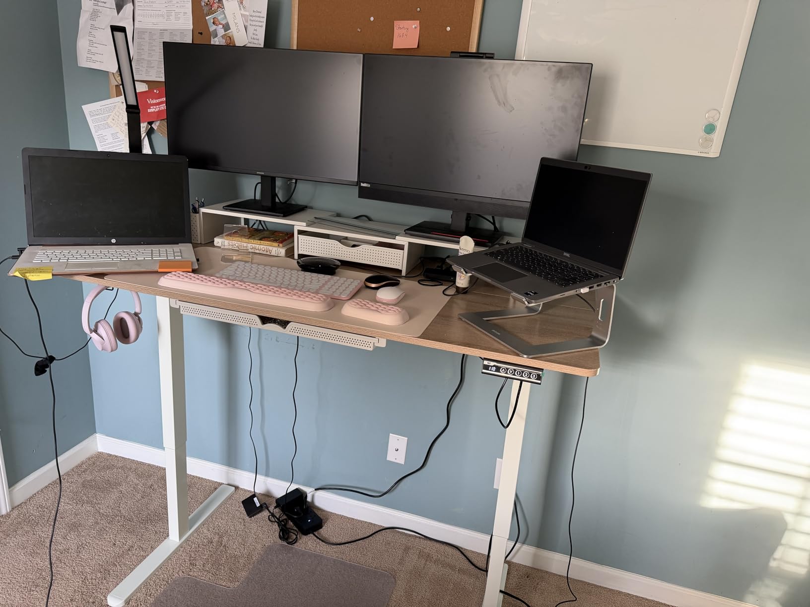 SHW 55 x 28 Electric Height Adjustable Standing Desk w/Drawer, Maple | w/ Memory Presets and Cable Management | Drawer with adjustable compartments | Hanging Hooks customer photo 2