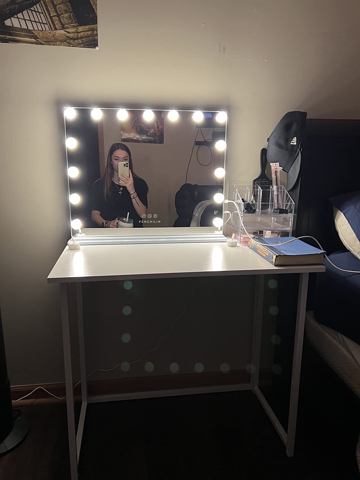 FENCHILIN Vanity Mirror with Lights, Hollywood Lighted Makeup Mirror with 15 Dimmable LED Bulbs for Dressing Room & Bedroom, Slim Metal Frame Design, Tabletop White customer photo 1