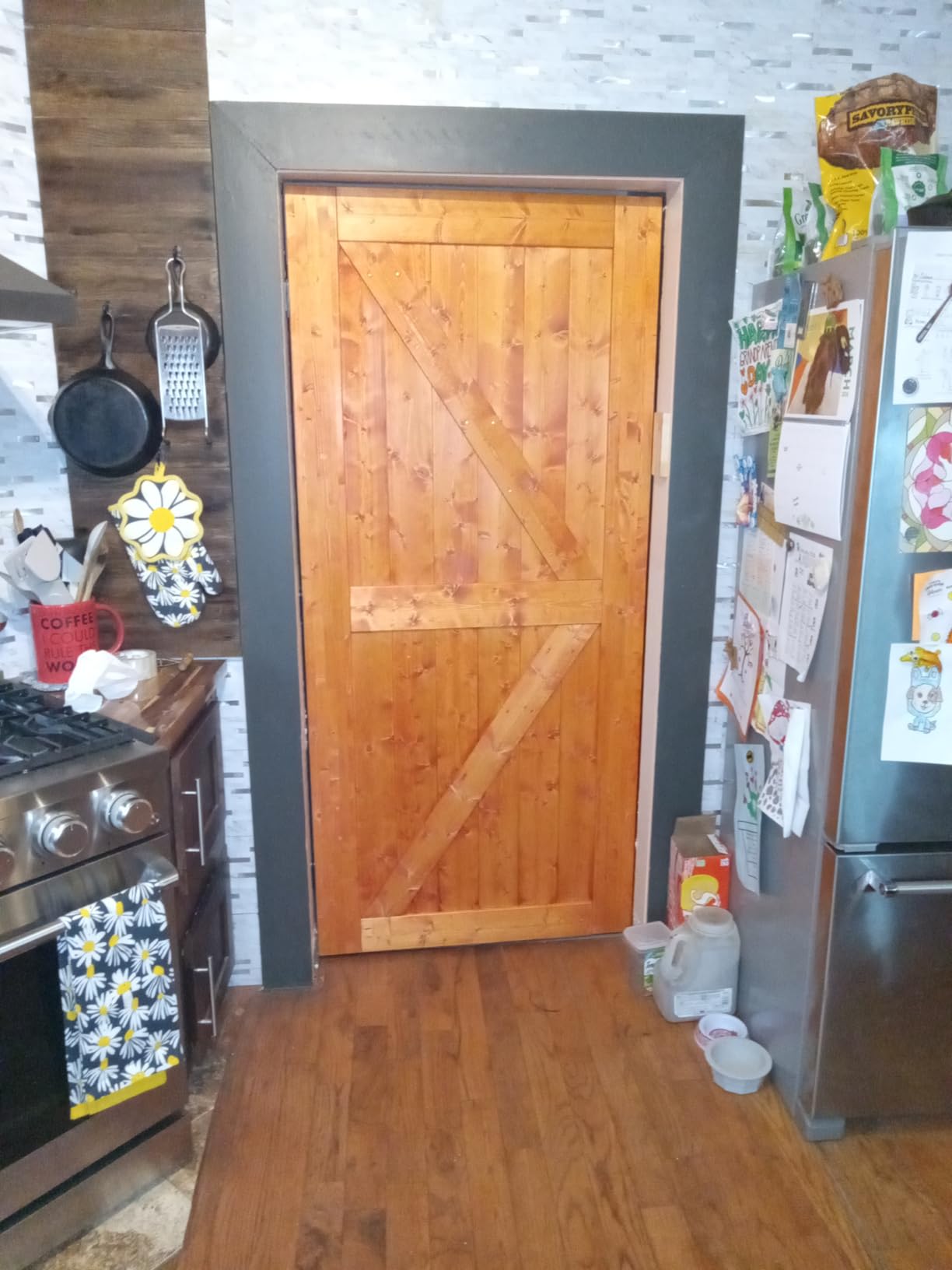 SmartStandard 36in x 80in Sliding Barn Wood Door, Natural, Fit 6-6.6FT Rail, Pre-Drilled Ready to Assemble, DIY Unfinished Solid Spruce Wood Panelled Slab, K-Frame customer photo 1
