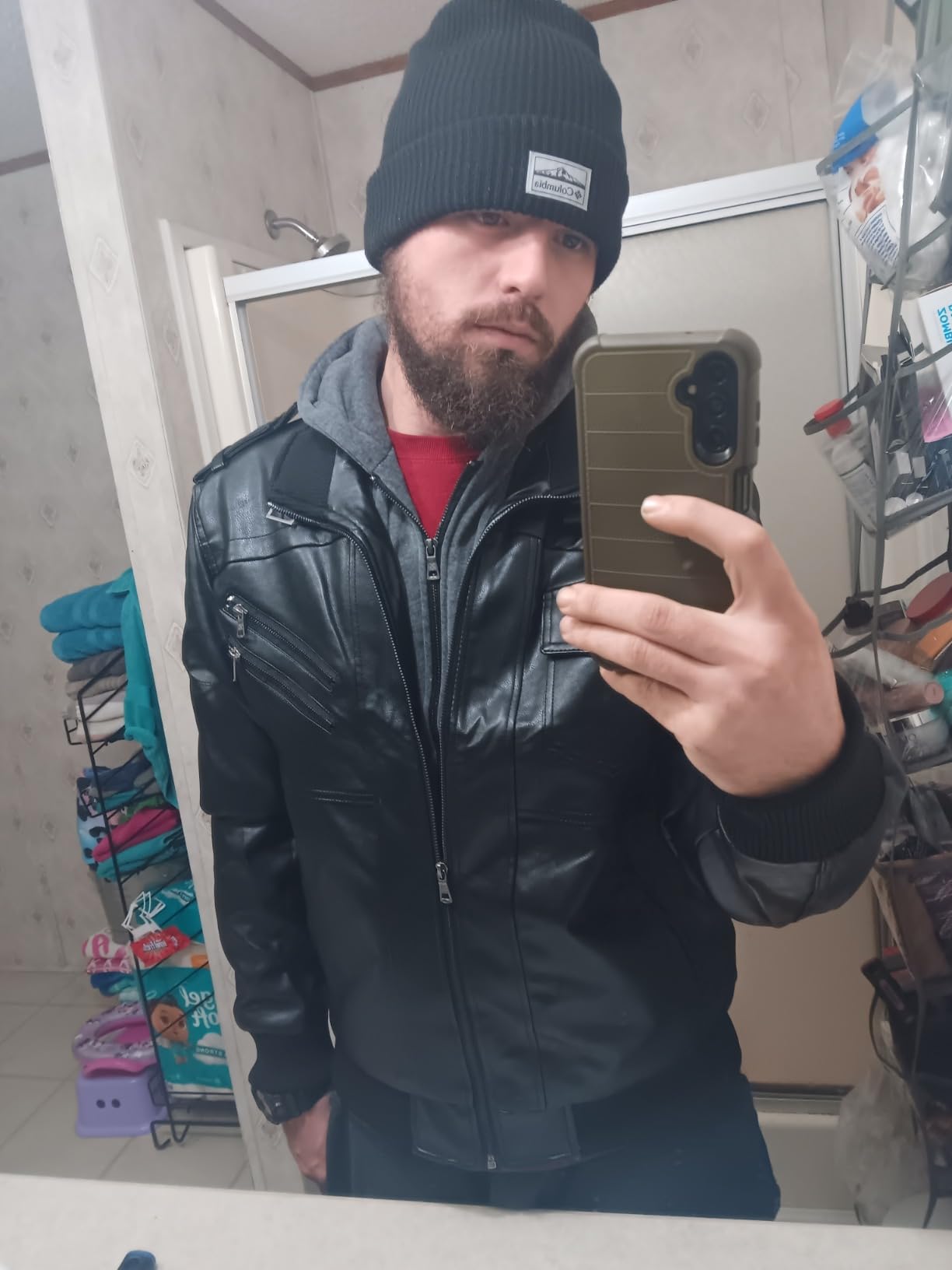 Men's Casual Stand Collar PU Faux Leather Zip-Up Motorcycle Bomber Jacket With a Removable Hood customer photo 1
