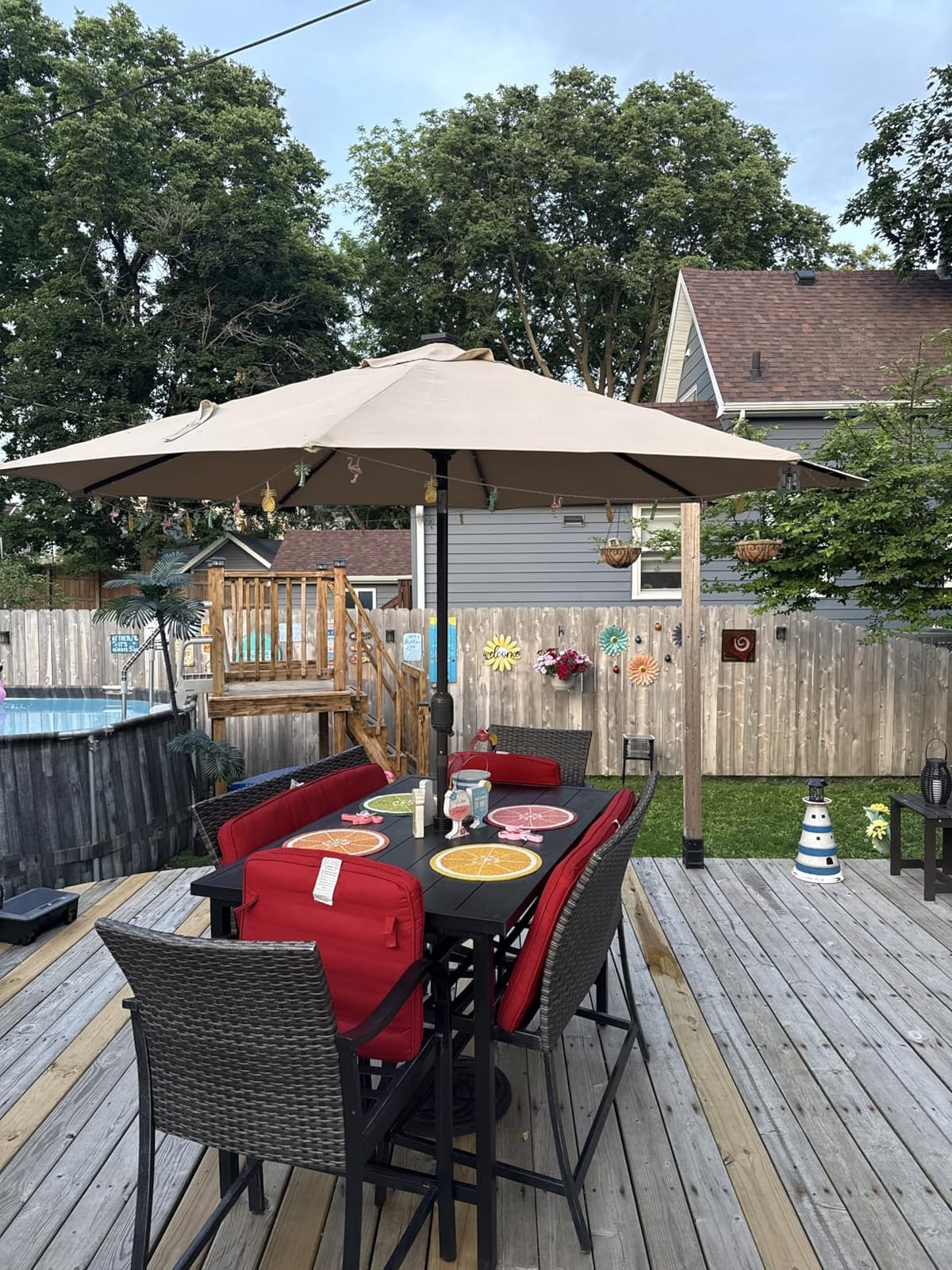 Blissun 9 ft Solar Umbrella 32 LED Lighted Patio Umbrella Table Market Umbrella with Tilt and Crank Outdoor Umbrella for Garden, Deck, Backyard, Pool and Beach (Cerulean) customer photo 2