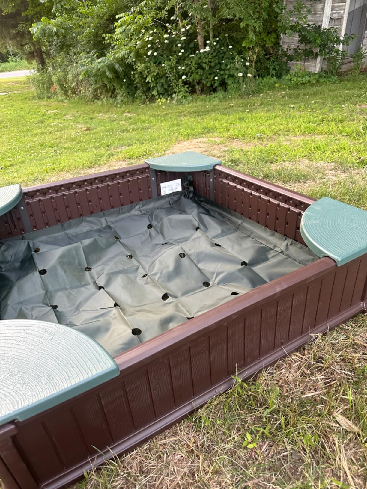 Badger Basket 2-in-1 Sandbox & Garden Planter with Cover - Brown/Green | 2-in-1 sandbox/planter; fitted cover & liner, weather-resistant wood-look build, spacious play area & easy assembly. customer photo 1