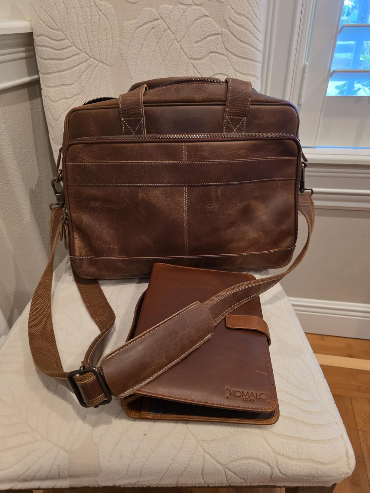 KomalC leather briefcase 16 inch laptop messenger bag satchel for men women customer photo 1