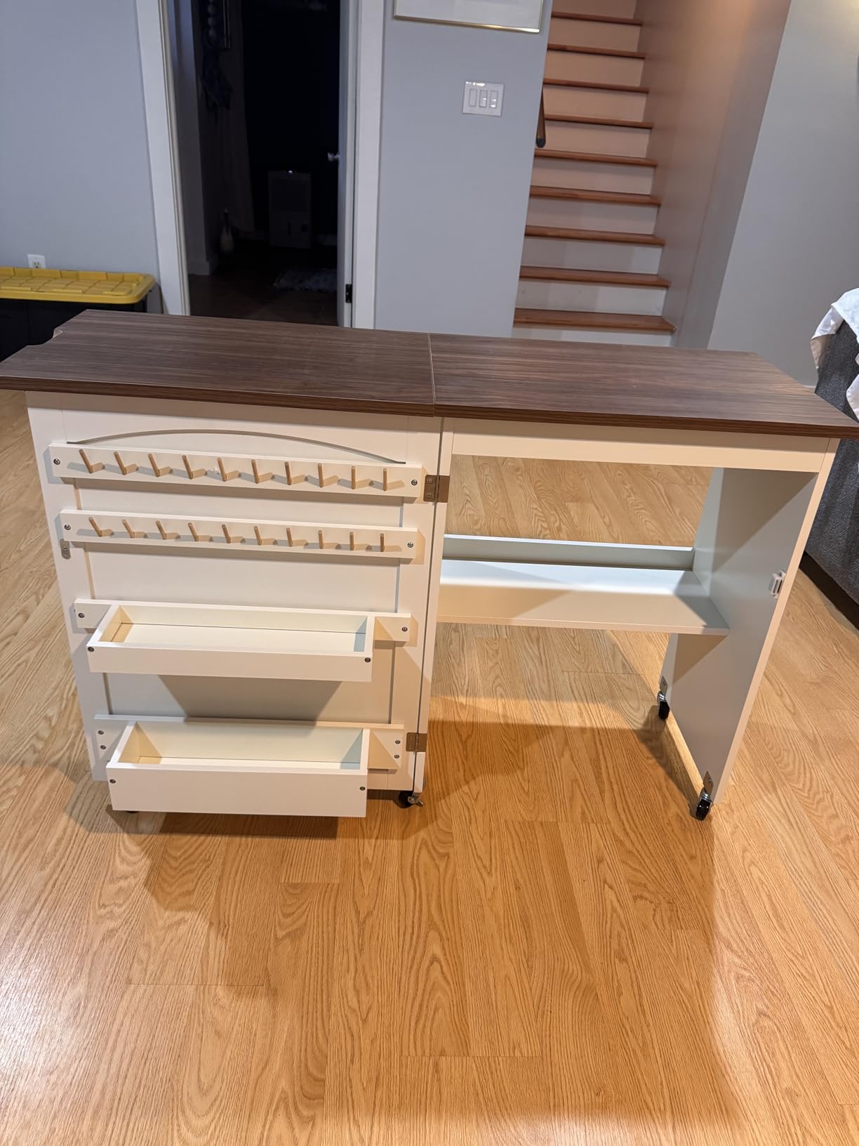 Best Choice Products Folding Sewing Table Multipurpose Craft Station & Side Desk with Compact Design, Wheels, Shelves, Storage Trays, Pegs, Magnetic Doors, Metal Doorknobs - White customer photo 2