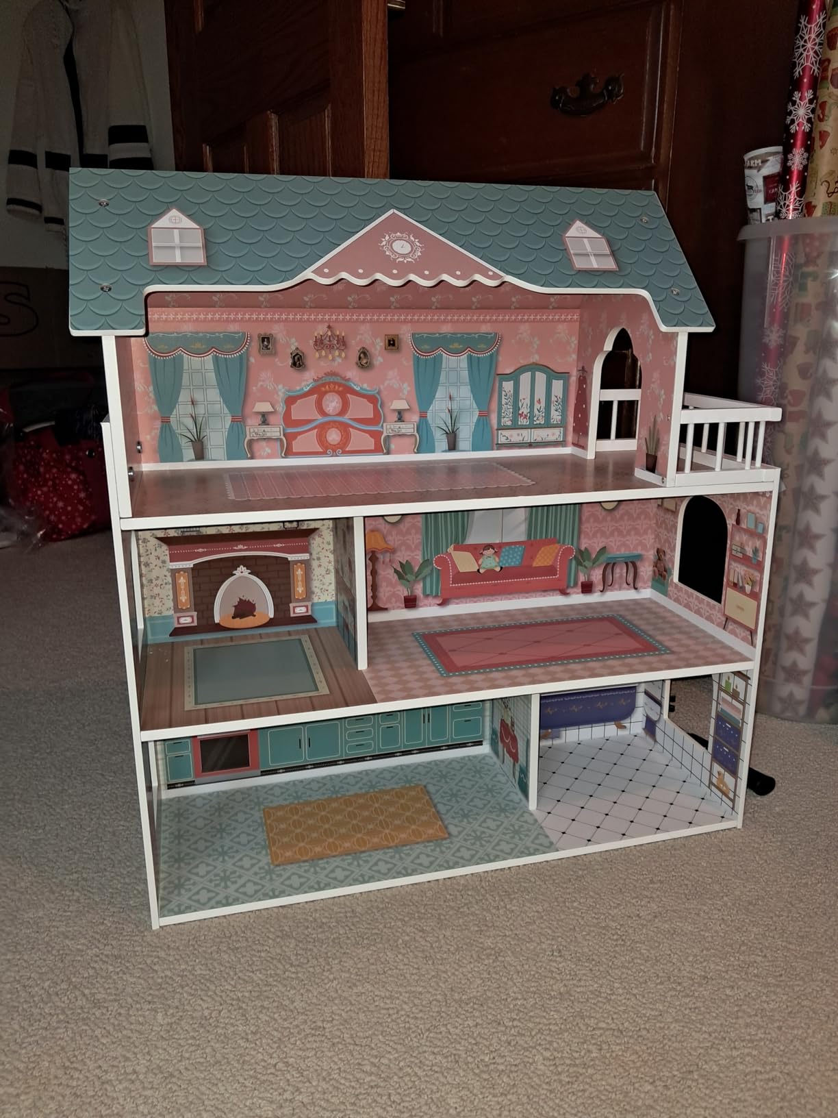 ROBUD Wooden Dollhouse with Furniture Blue for Girls 3-6 | 3-level 6-room design, 31pcs furniture set, smooth edges, durable wood, pretend play, kids gift customer photo 1