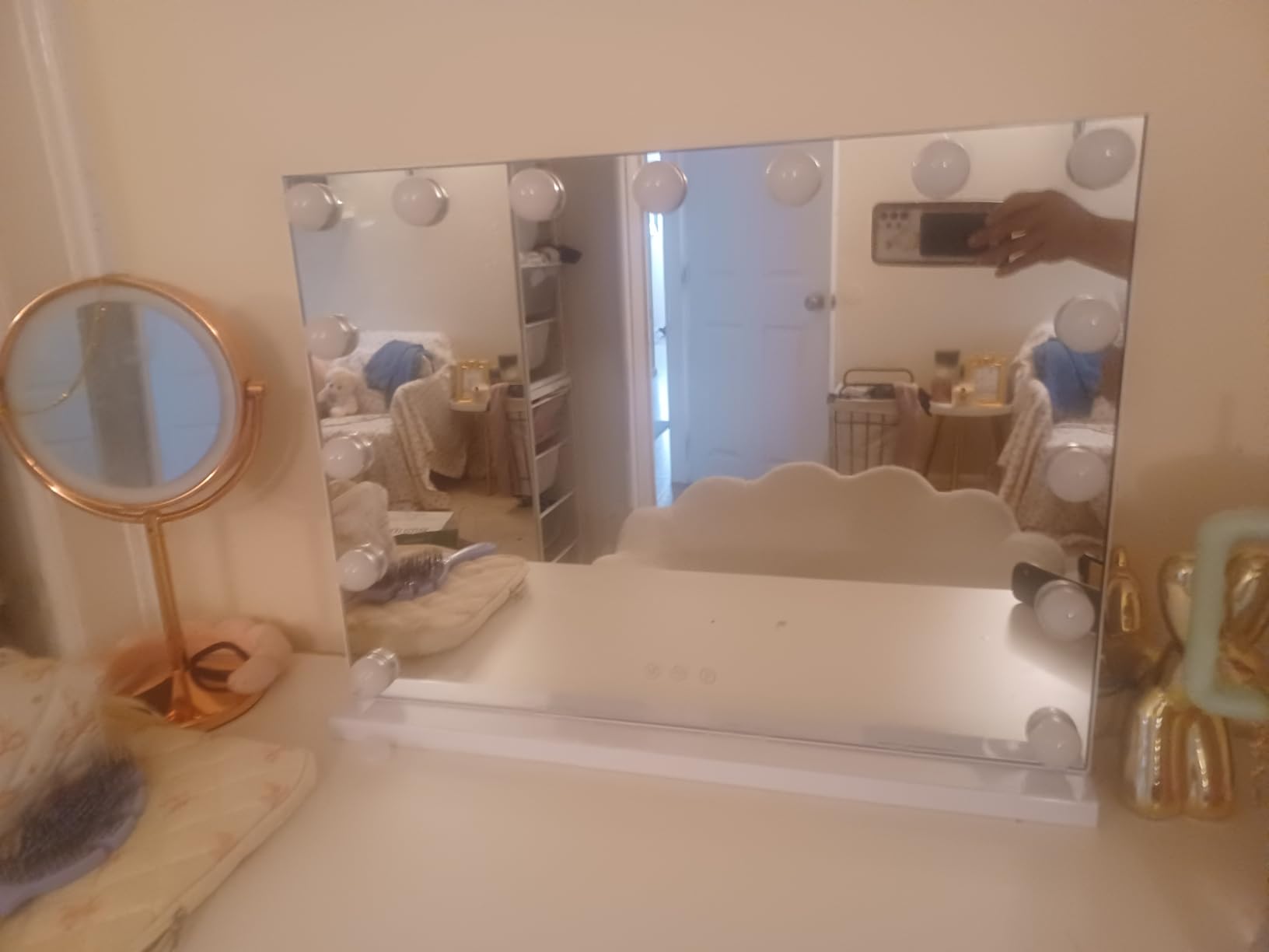 BWLLNI Lighted Makeup Mirror, White Vanity Mirror with Lights, 9 LED Bulbs | Hollywood Mirror Touch Control Design 3 Colors Dimmable LED Bulbs, Detachable 10X Magnification, 360° Rotation, 12