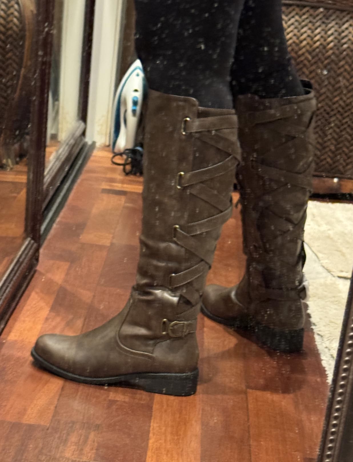 Syktkmx Womens Strappy Motorcycle Knee High Boots Winter Lace Up Riding Flat Low Heel Shoes customer photo 1