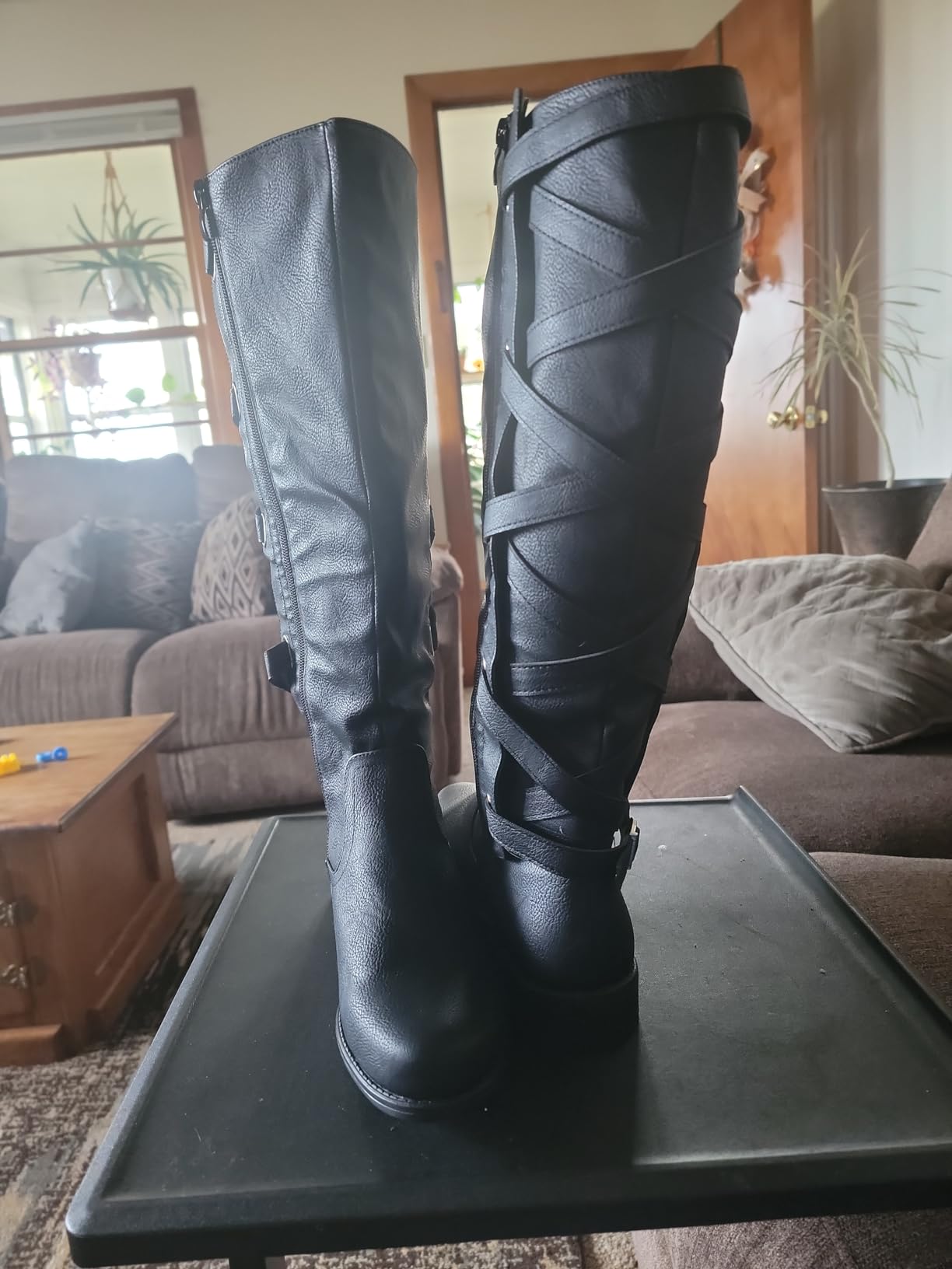 Syktkmx Womens Strappy Motorcycle Knee High Boots Winter Lace Up Riding Flat Low Heel Shoes customer photo 2