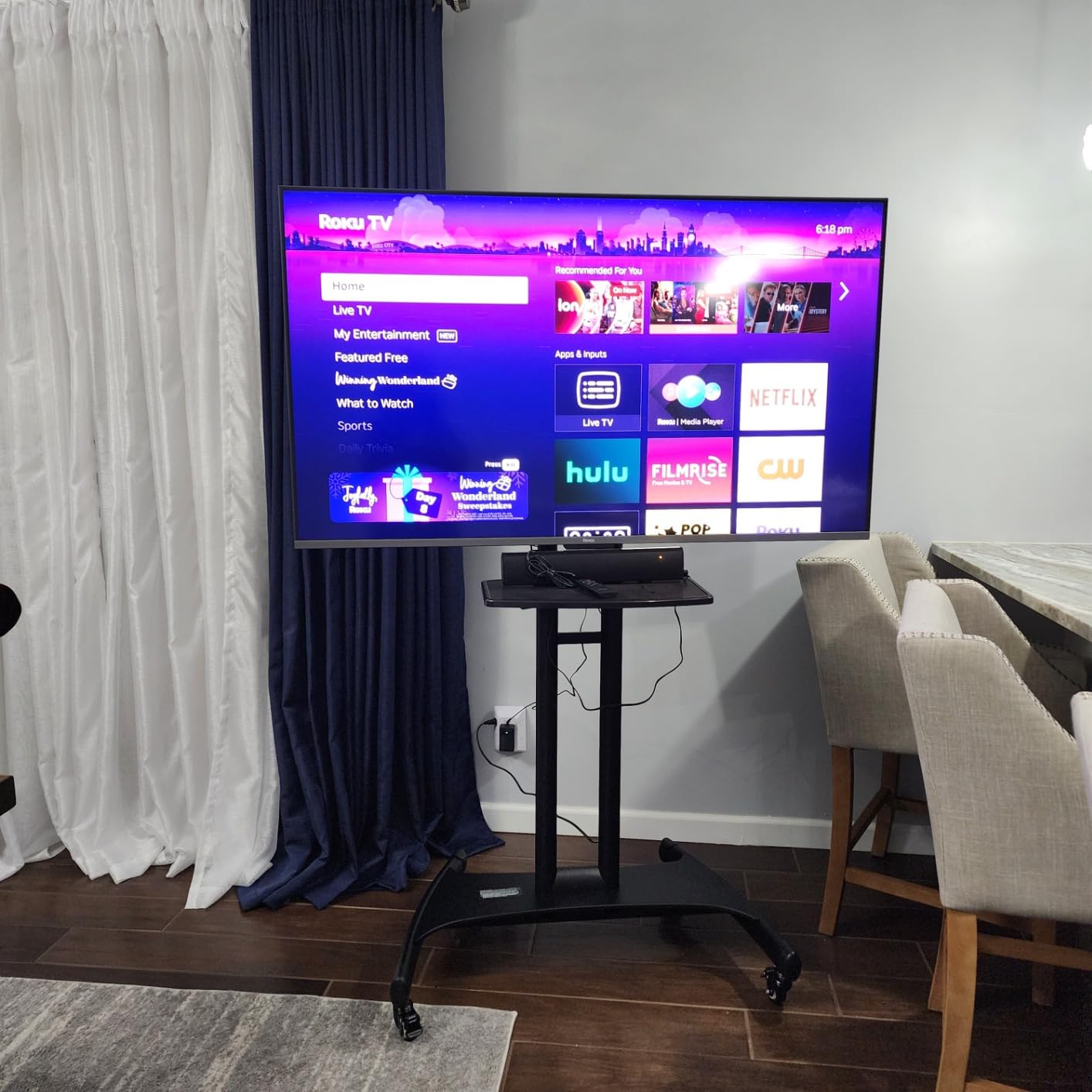 Perlegear Rolling TV Stand for 32-84 Inch TV, Mobile TV Cart up to 100lbs, Adjustable Height Outdoor TV Cart with Heavy-Duty Base, VESA 600x400mm, Portable TV Stand on Wheels customer photo 1