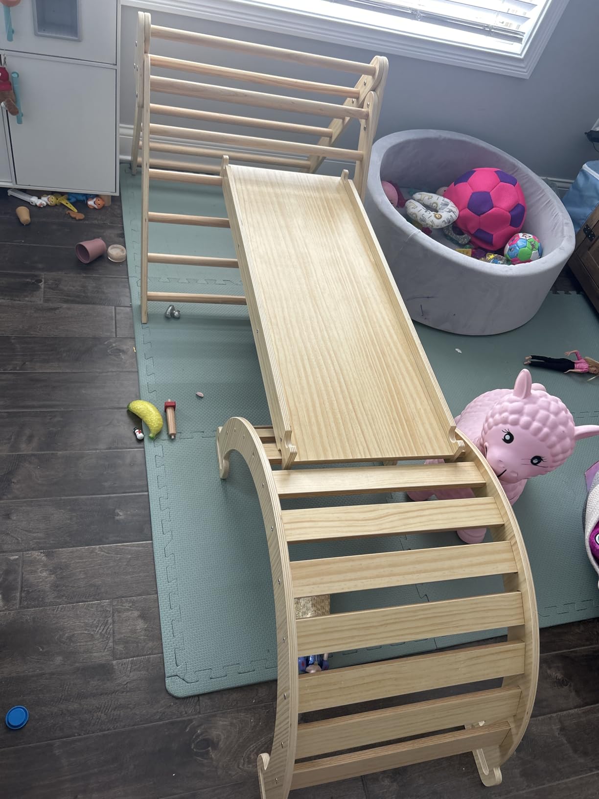 Avenlur 5-in-1 Pikler Triangle Set - Hazel Montessori Indoor Jungle Gym - Climbing Triangle, Waldorf Rocker, Toddler Indoor Climbing Toys, & Slide - Wooden Indoor Playground Playset, Ages 2-7 | Montessori Climbing Set & Indoor Playground: Triangle Ladder, Arch Climber, Rocker, Toddler Slide, Ramp (Natural) customer photo 2
