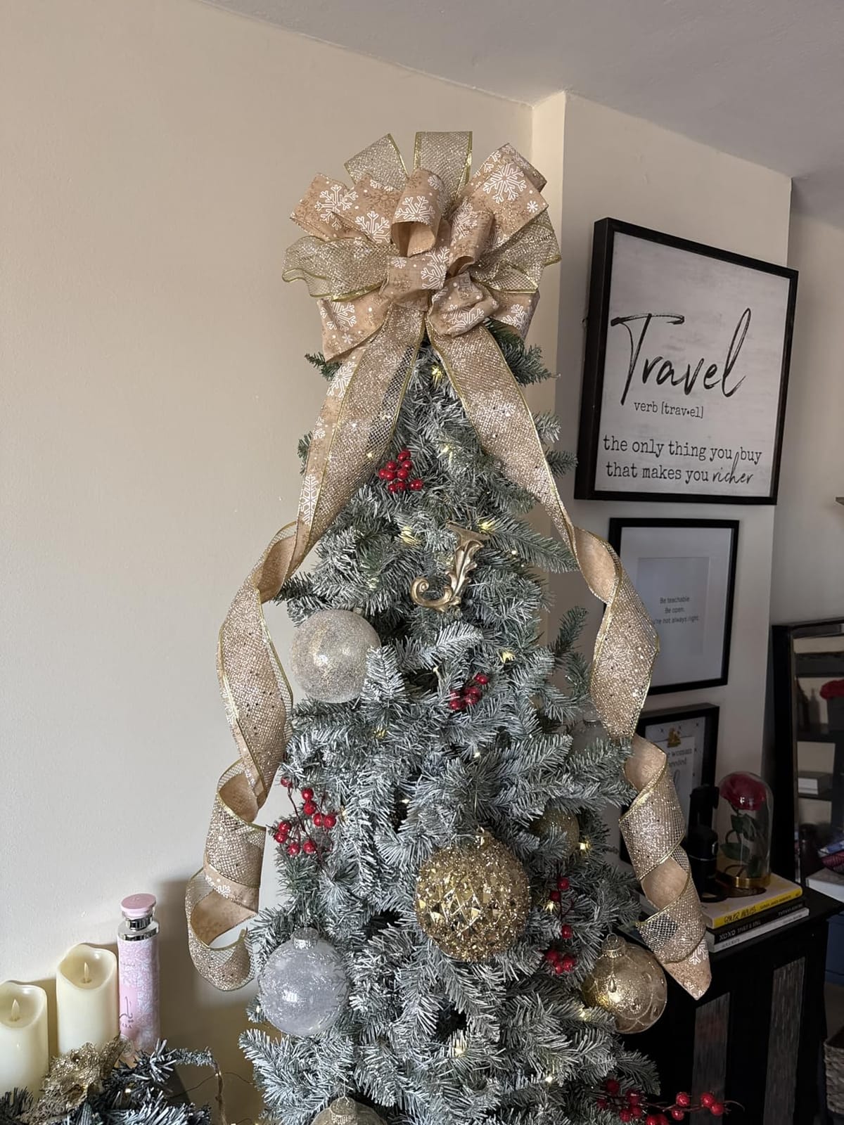 Gold Christmas Tree Topper Bow for Xmas Tree Decorations | 44X12 Inch Artificial Xmas Flower Bow Topper Decor, for Home Wedding Birthday Party Indoor Outdoor Christmas Decoration customer photo 2