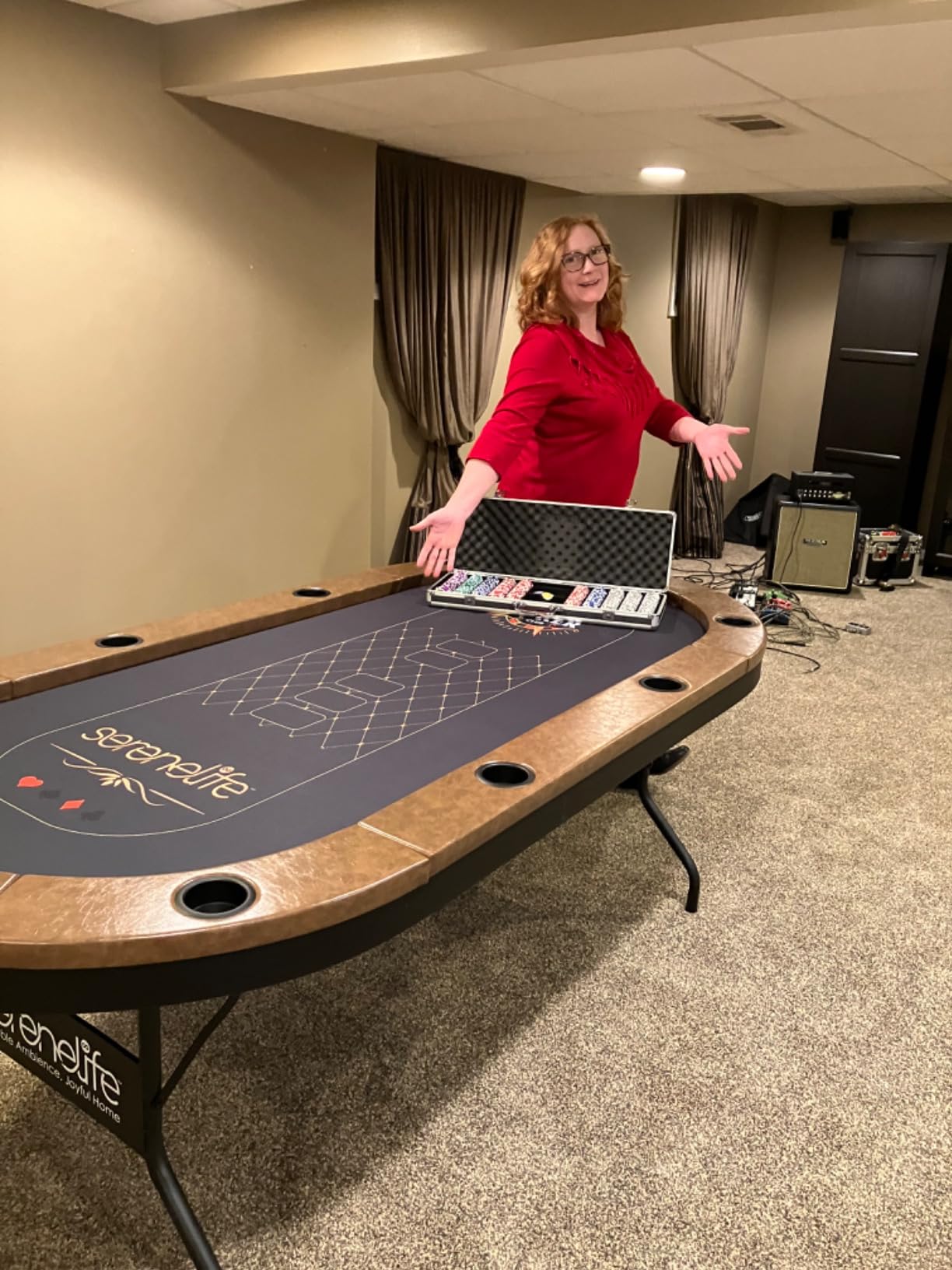 SereneLife 7ft Poker Table for 10 Players - Heavy Duty Oval Texas Hold'em Casino Table for Game Room, 25mm Reinforced Metal Legs, Durable Black PVC Rail, 10 Deep Cup Holders & Professional Layout customer photo 2