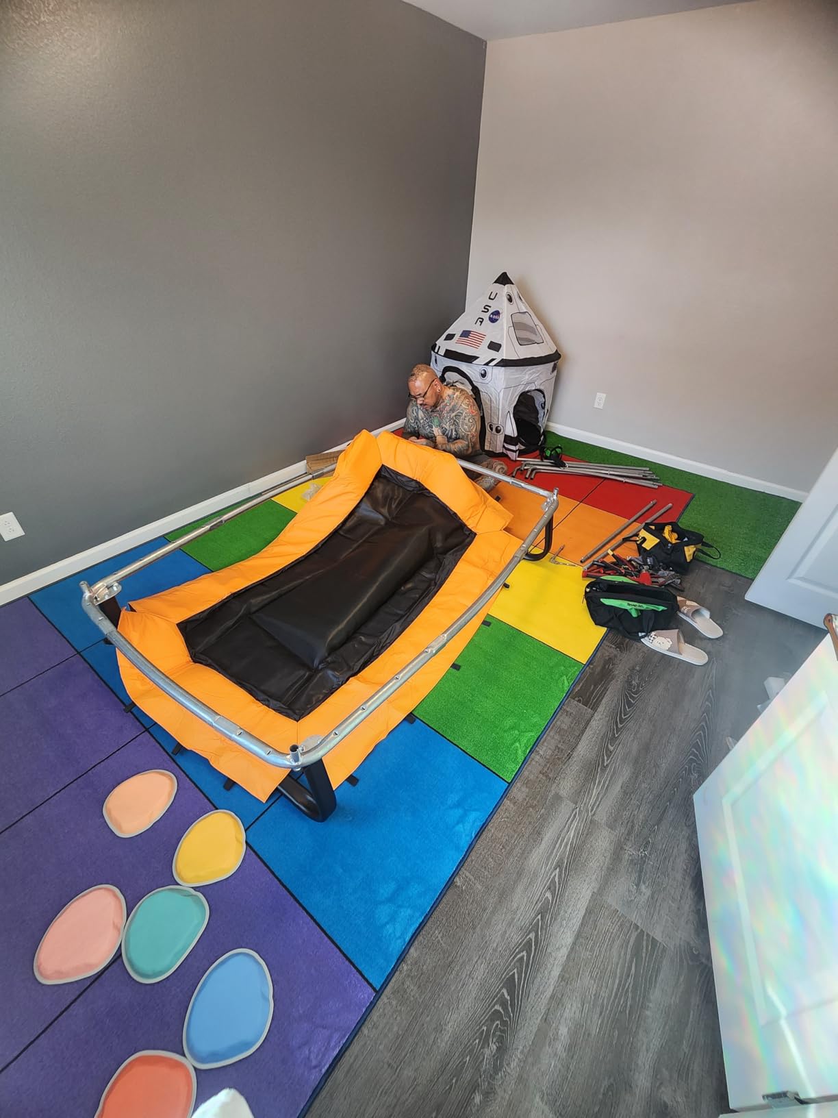 GYMAX Trampoline for Kids, 6FT Toddler Trampoline with Swing & Enclosure Safety Net, ASTM Approved Rectangle Recreational Trampoline for Indoor/Outdoor, Birthday for Baby Boys & Girls customer photo 2