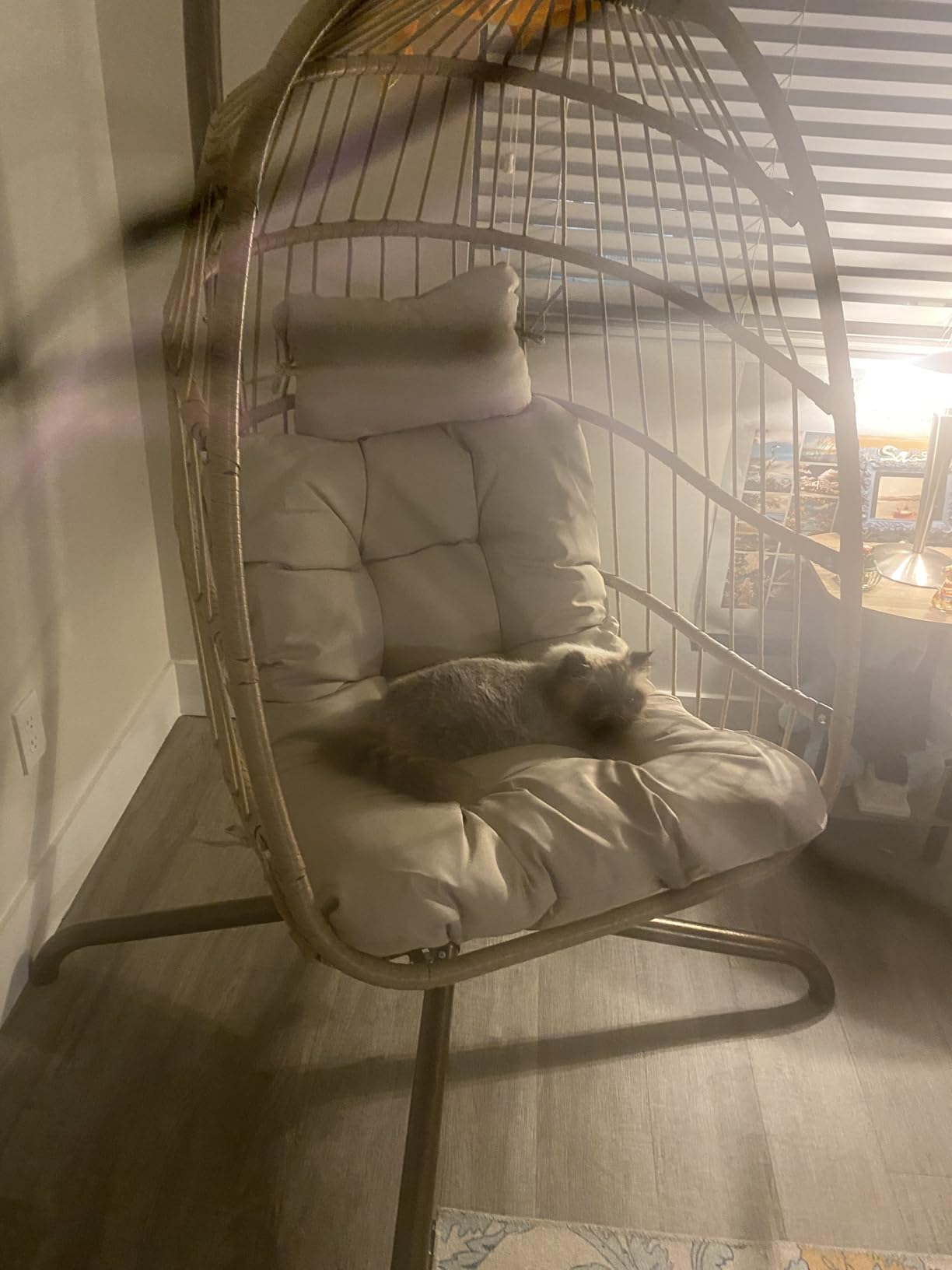 NICESOUL Hanging Egg Chair with Stand Indoor Outdoor, Comfy Patio Rattan Swing Hammock Chairs with Cushion, 350lbs Capacity Egg Shaped Chair for Lawn Backyard Balcony Bedroom, Birthday Gift, Beige customer photo 2