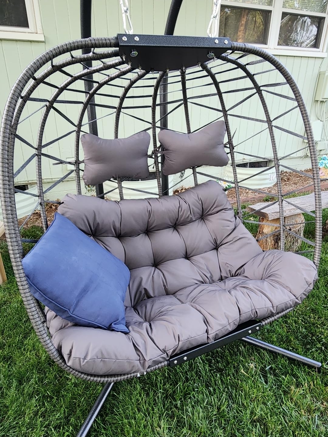 RADIATA Egg Chair Outdoor with Stand, PE Wicker Hanging Swing Egg Chair | 350 lbs Heavy Duty, Beige, Foldable, PE Rattan Swing Hammock Chair, Hanging Egg Chair with Thick Cushion for Patio Garden customer photo 1
