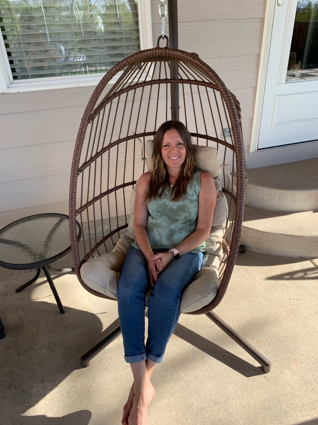 RADIATA Egg Chair Outdoor with Stand, PE Wicker Hanging Swing Egg Chair | 350 lbs Heavy Duty, Beige, Foldable, PE Rattan Swing Hammock Chair, Hanging Egg Chair with Thick Cushion for Patio Garden customer photo 2