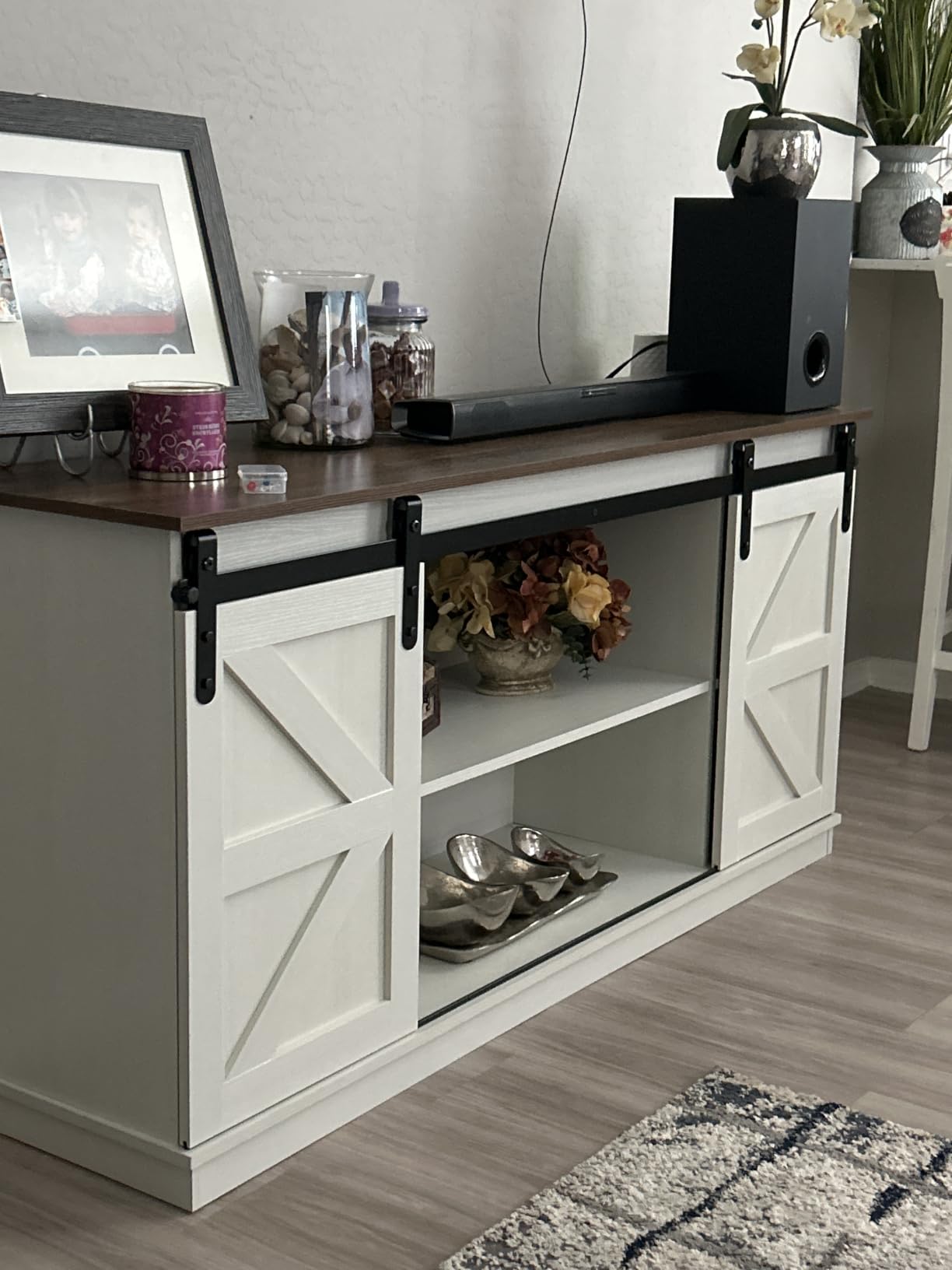 JUMMICO TV Stand for 65 Inch TV, Sliding Barn Doors, Bright White | Farmhouse Entertainment Center, Storage Cabinets, Adjustable Shelves, Media Console for Living Room, Bedroom customer photo 1