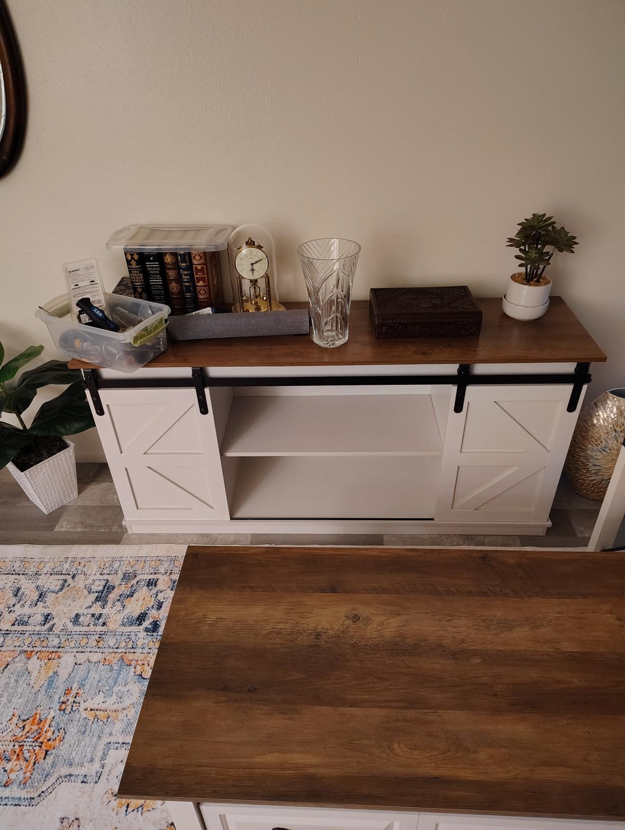 JUMMICO TV Stand for 65 Inch TV, Sliding Barn Doors, Bright White | Farmhouse Entertainment Center, Storage Cabinets, Adjustable Shelves, Media Console for Living Room, Bedroom customer photo 2