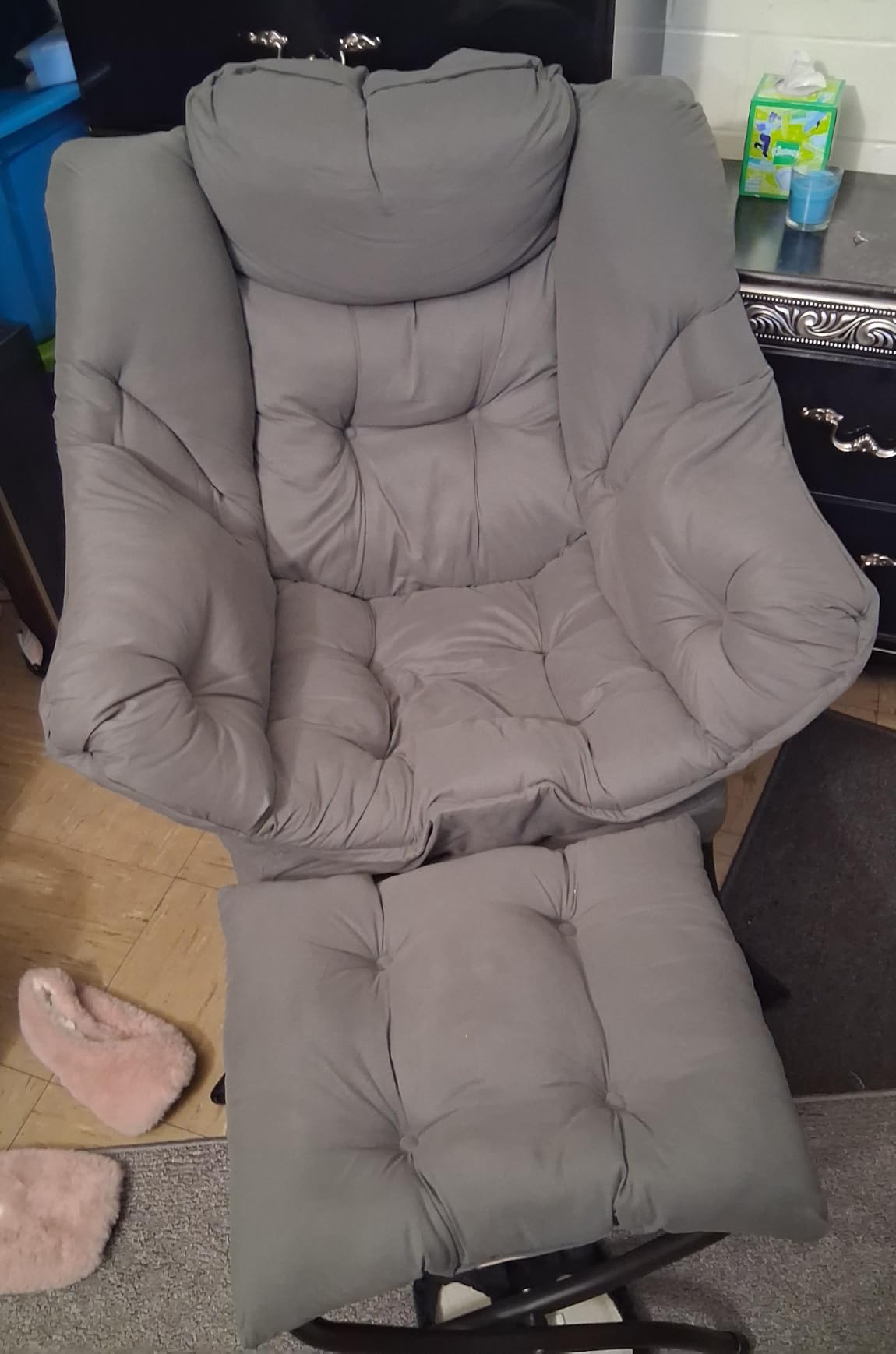 Welnow Lazy Chair with Ottoman, Reading Chair with Footrest, Dark Grey | A Side Pocket, Armrests, Foldable Footrest, Thick Cushioned Seat & Backrest, Lounge Chair for Bedroom, Living Room & Small Space customer photo 1
