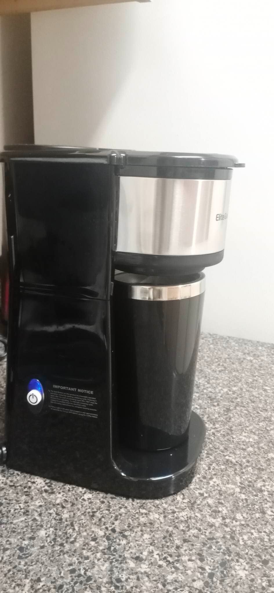 Elite Gourmet EHC112 Personal Single-Serve Compact Coffee Maker, Black - Includes 14oz stainless steel interior thermal travel mug, reusable filter - compatible with coffee grounds customer photo 1
