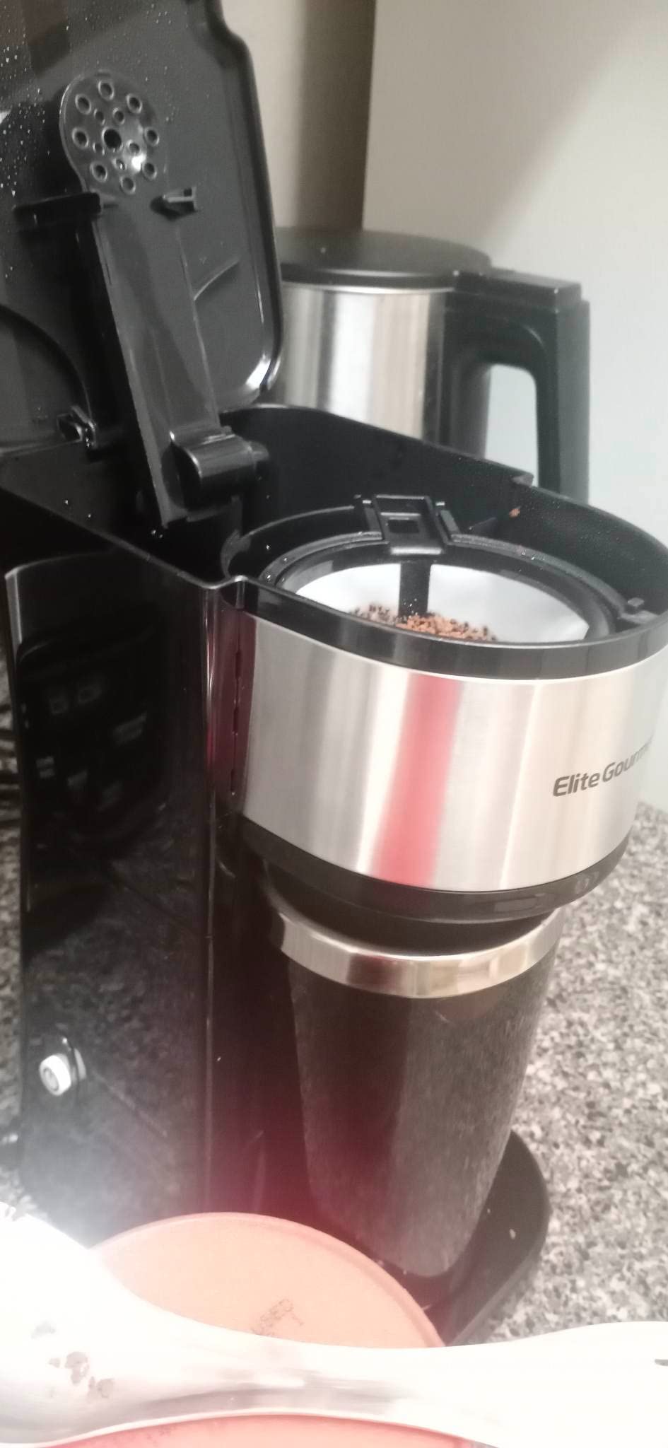 Elite Gourmet EHC112 Personal Single-Serve Compact Coffee Maker, Black - Includes 14oz stainless steel interior thermal travel mug, reusable filter - compatible with coffee grounds customer photo 2