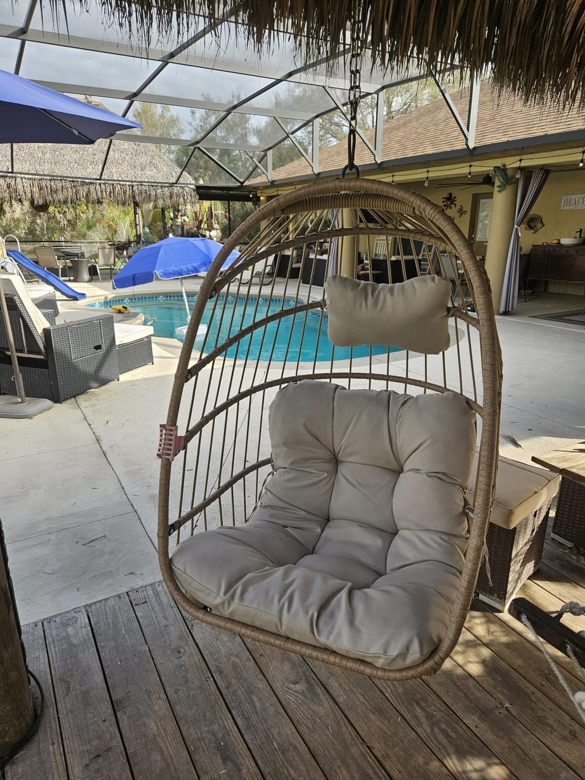 Nicesoul Outdoor Hanging Egg Chair Without Stand, Patio Wicker Swing Egg Basket Chairs with Padded Cushion, 350 Lbs Comfy Cozy Ceiling Tree Swinging Egg-Shaped Chair No Stand for Indoor Balcony, Beige customer photo 2