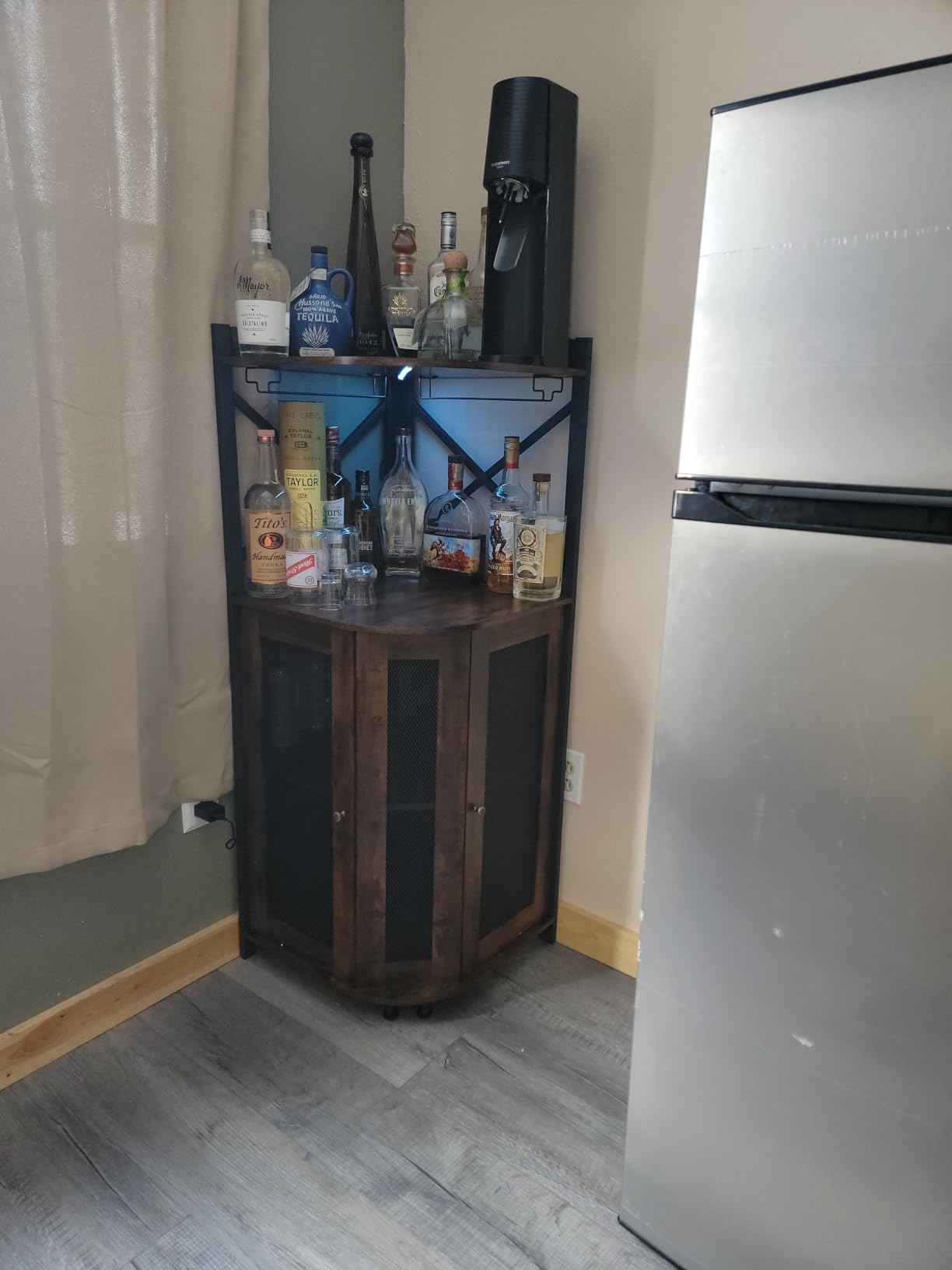 JKsmart Corner Bar Cabinet with LED Lights, Industrial Wine Cabinet with Glass Holder, 4-Tier Wine Cabinet with Door and Shelf, Farmhouse Home Bar for Liquor Wine Coffee Storage, Rustic Brown customer photo 1